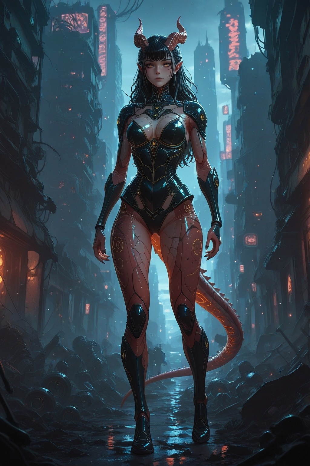 Xenophyra standing against apocalyptic street,  apocalyptic city,  destroyed machines background on Tensor.Art
