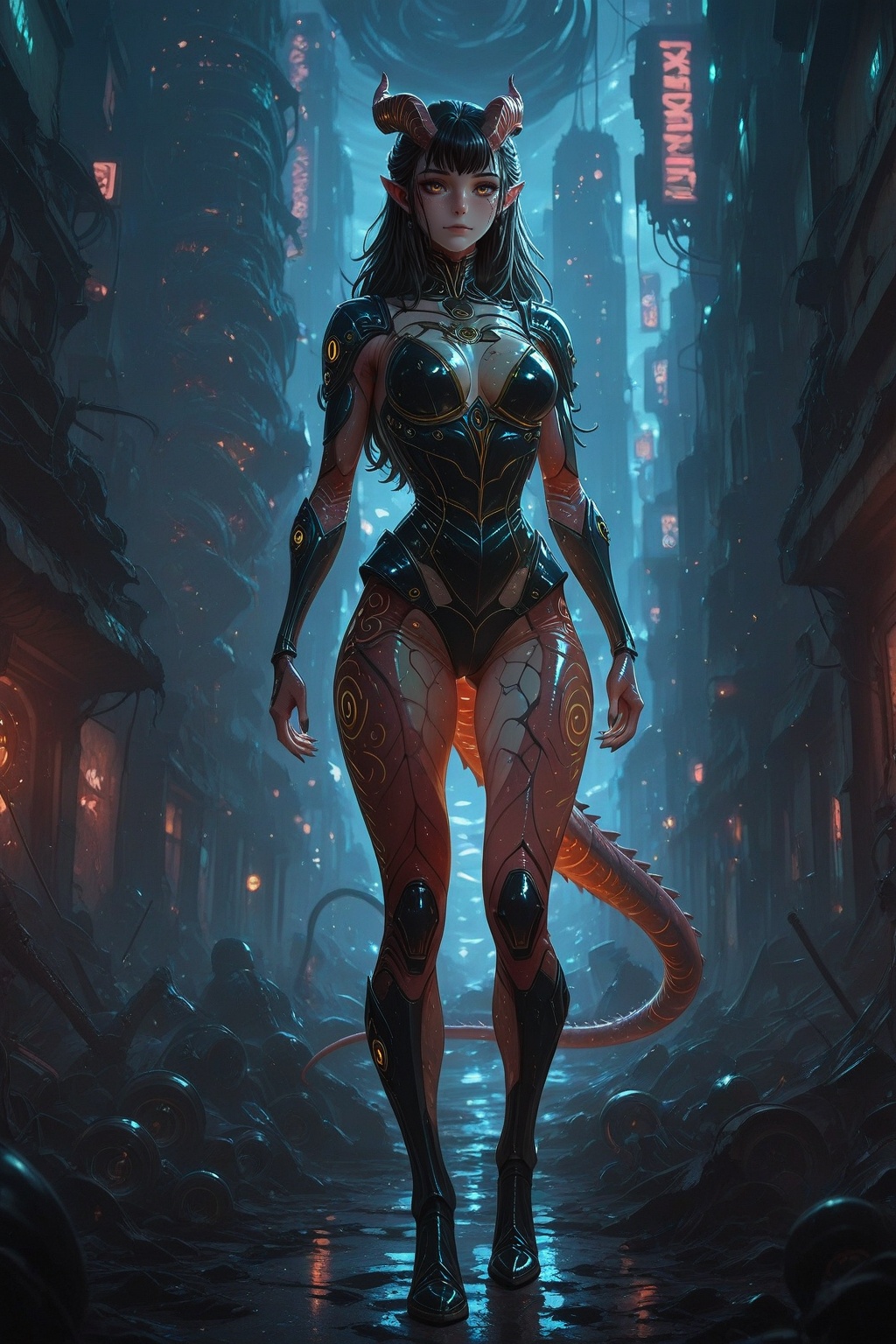 Xenophyra standing against apocalyptic street,  apocalyptic city,  destroyed machines background on Tensor.Art