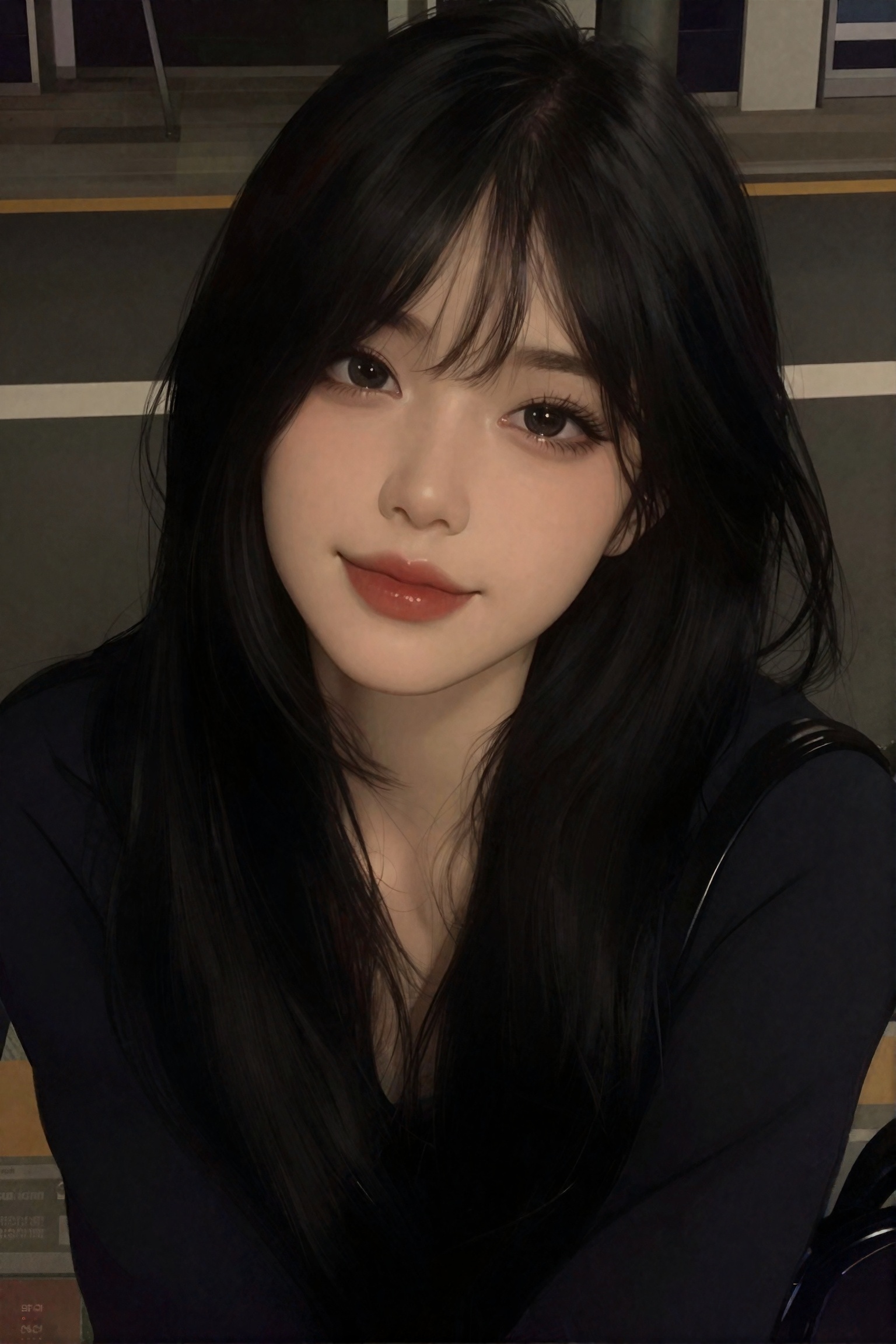 aesth_img. A picture of a young korean woman with an oval face,  light skin,  and almond-shaped eyes featuring dark brown...
