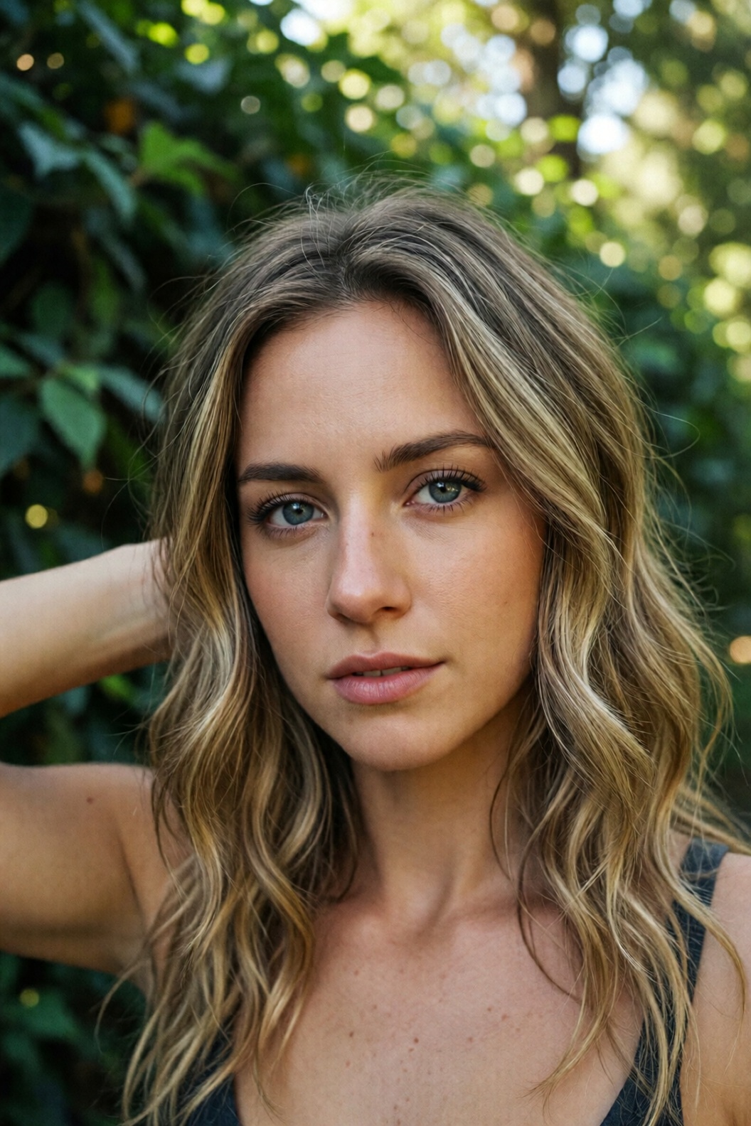 A photograph of a woman with wavy blonde hair and striking blue eyes. She stands outdoors,  surrounded by lush greenery. H...