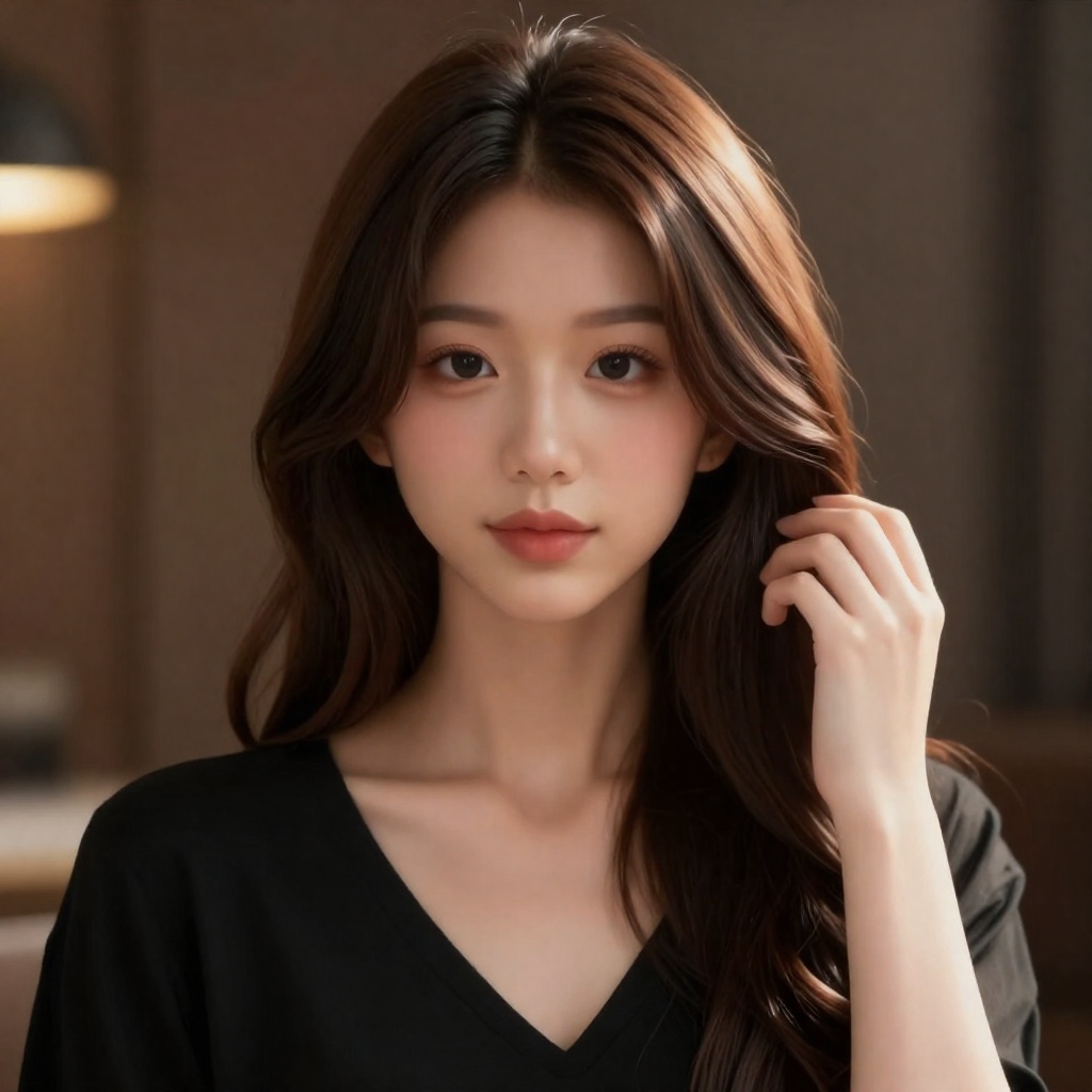 This is a highly realistic digital portrait of an East Asian woman in her early 20s. She has long,  curly,  dark brown hai...