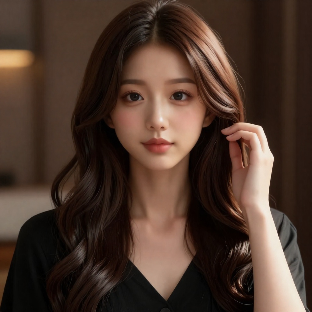 This is a highly realistic digital portrait of an East Asian woman in her early 20s. She has long,  curly,  dark brown hai...