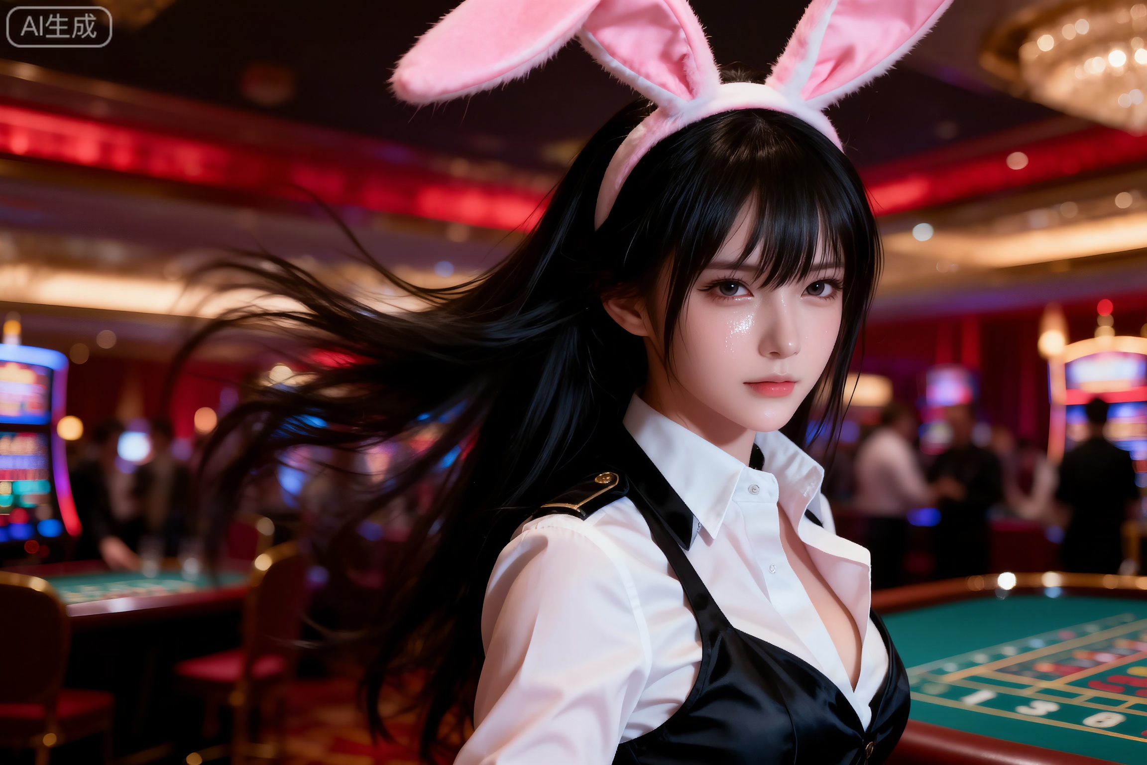 一个兔女郎头面部特写,飘动的长发,黑色长发,头戴粉色兔耳朵装扮,白衬衫,黑色马甲,满脸是汗,真实皮肤质感,皮肤闪烁着光泽,动态模糊,请写构图,背景是赌场,背景虚化