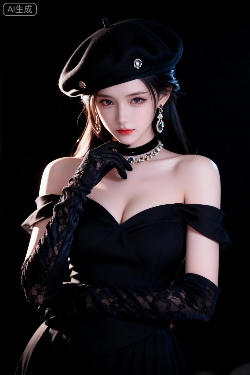 1girl, breasts, black hair, gloves, hat, dress, jewelry, medium breasts, upper body, earrings, choker, black gloves,necklace, black dress, black headwear,  beret, black background, gem, red lips, lace gloves