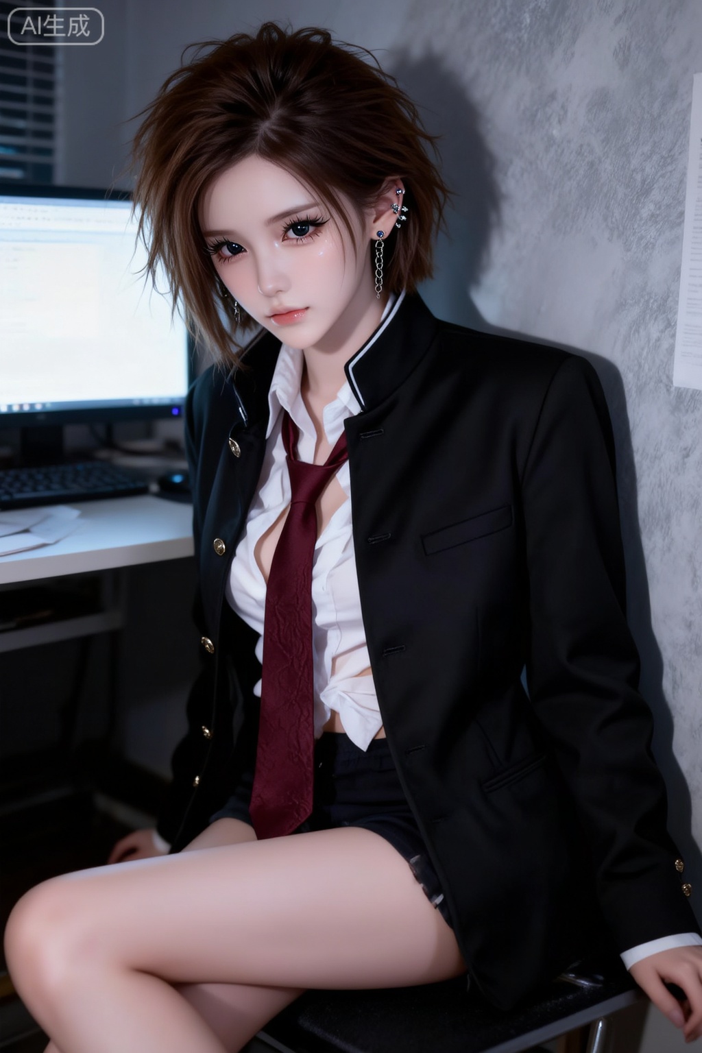 从上方拍摄,半夜在电脑前加班,女性,美日混血儿,沙漏型身材,棕色短发（蓬松且有凌乱感,发丝遮眼）,暗色闪光瞳孔（色调浓郁,眼神可带些清冷、深邃感）,长睫毛,精致五官,肤色偏苍白,腹黑,校霸身着日式立领校服风格外套（黑色,有硬朗版型、金属扣等细节）,内搭白色衬衫（微敞、有自然褶皱）,搭配酒红色领带（松散系法、有垂坠纹理）,个性耳饰（如链条、耳钉组合） 随意倚在墙边,银暗色调,磨砂质感,仰拍视角,氛围感,暗部加灰,高光柔和,模糊氛围,全身照,短裤怼脸大特写,精致细节,细腻写实写真照,超高清画质去掉参考图的服装和手套书还有脖子巾发型,去掉背景只是换脸,其他都要和生成图片一样,20岁江南绝美少女,冷白皮瓷感透亮肌,幼态脸五官精致,纯欲甜妹气质,慵懒俏皮氛围,S曲线挺拔身材,娇小东方美,三庭五眼均衡,可爱表情,国传统配色,INS质感,weiting效果,超高清细节拉满,侧光随机角度动作,高颜值偶像感,细节完美。
