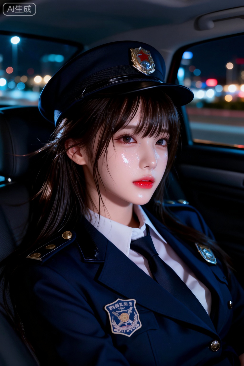一位年轻半躺在豪华的车里,她的发型整洁而乖巧,厚而略微凌乱的刘海,妆容清淡亲和,鲜明的红润唇色增添了一丝甜美。深色长发四散铺展于头部周围。
 她身穿深蓝色外套,搭配警帽与领带,一侧胸前有印章、纽扣未完全扣合。
她的皮肤在灯光下泛着光泽,仿佛覆着一层汗水或水珠；肌肤光滑无瑕。
场景与环境：
车内,夜晚,窗外是城市的灯火