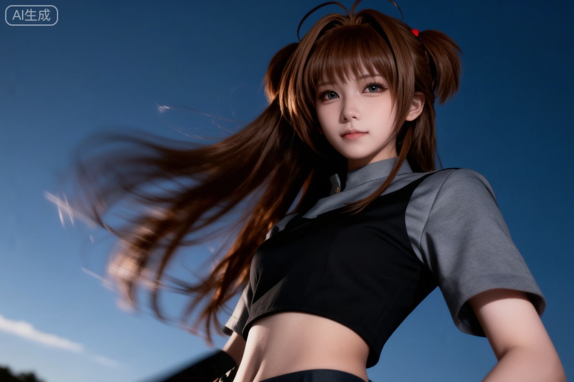 采用电影写真风格的摄影后期处理,呈现出高分辨率的画面效果。画面主体是一位身着灰黑色短体恤,有着亚麻棕色长头发的木之本樱cosplay人物。人物面对镜头,背景是一片蓝天。运用低视角、特写镜头和对角线构图,捕捉人物的特写姿态,带有动态模糊效果,增强画面的冲击力。整体画面为暗调,明暗交替对比,营造出简约而富有张力的氛围。