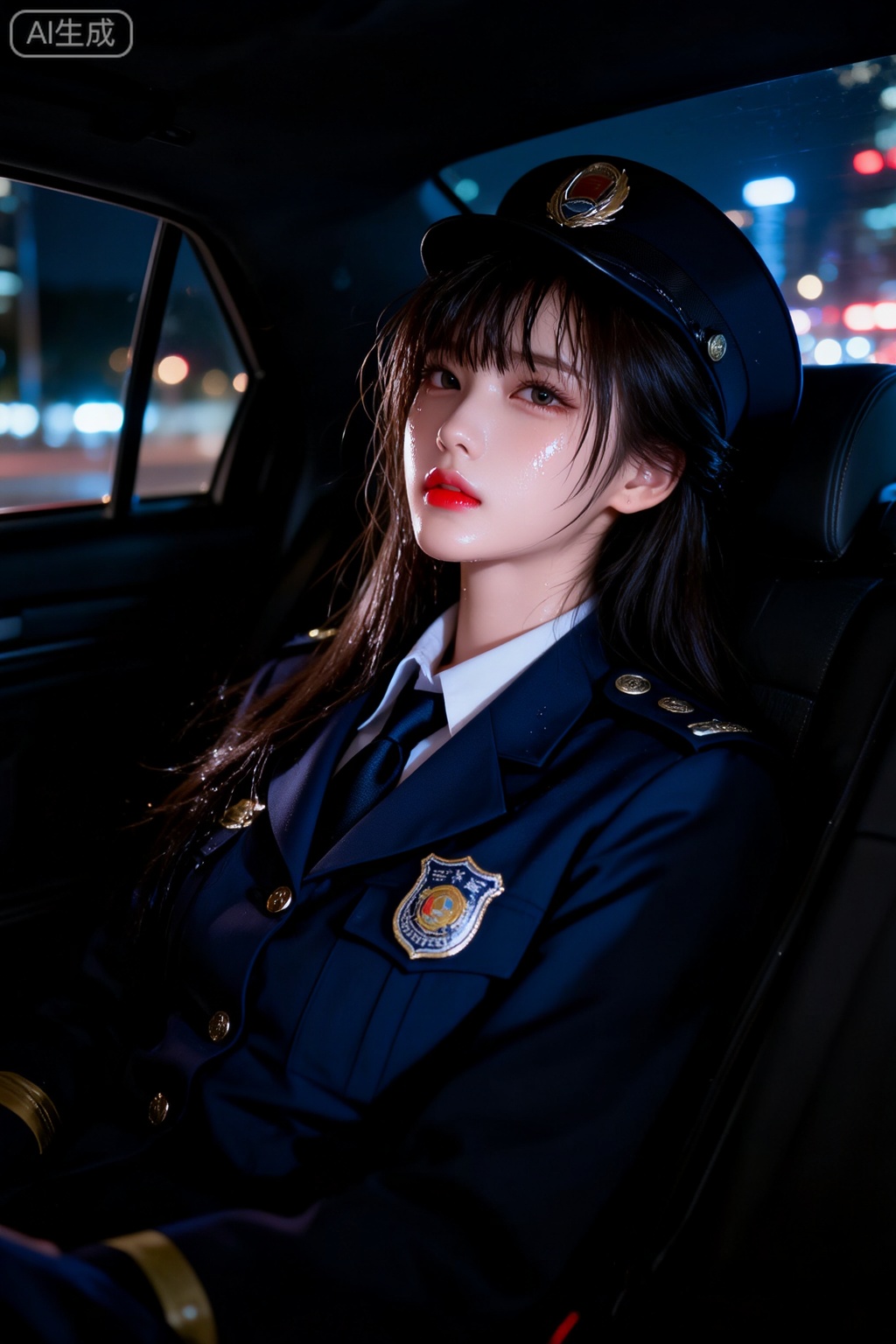 一位年轻半躺在豪华的车里,她的发型整洁而乖巧,厚而略微凌乱的刘海,妆容清淡亲和,鲜明的红润唇色增添了一丝甜美。深色长发四散铺展于头部周围。
 她身穿深蓝色外套,搭配警帽与领带,一侧胸前有印章、纽扣未完全扣合。
她的皮肤在灯光下泛着光泽,仿佛覆着一层汗水或水珠；肌肤光滑无瑕。
场景与环境：
车内,夜晚,窗外是城市的灯火