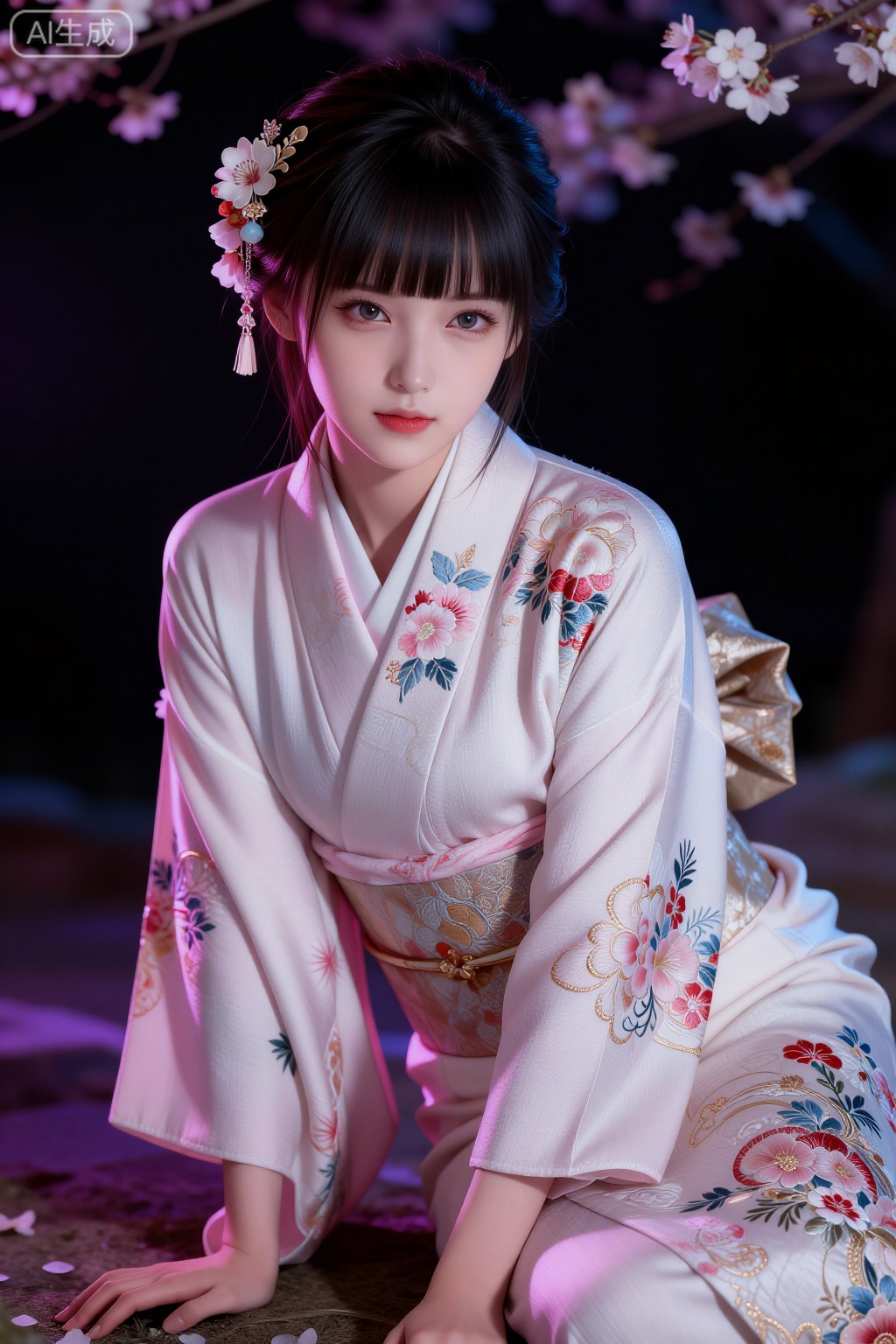 1girl, solo, looking at viewer, black hair, hair ornament, flower,parted lips, japanese clothes, hair flower, kimono,red lips,  realistic,embroidered kimono,kneeling,night,purple light
