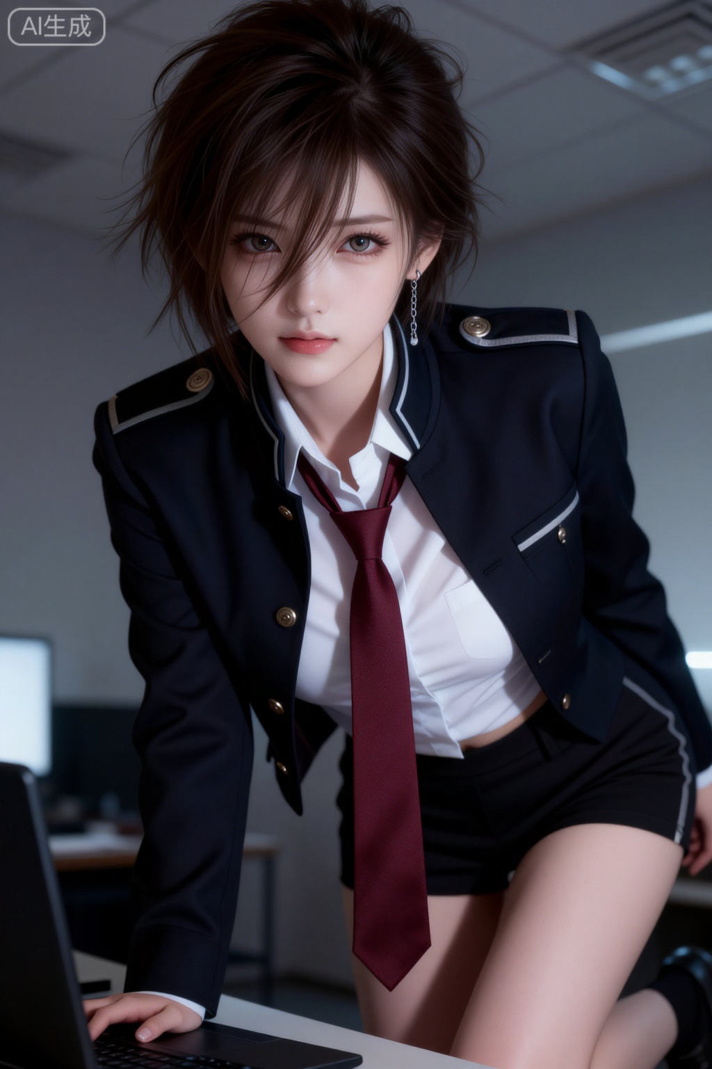 从上方拍摄,半夜在电脑前加班,女性,美日混血儿,沙漏型身材,棕色短发（蓬松且有凌乱感,发丝遮眼）,暗色闪光瞳孔（色调浓郁,眼神可带些清冷、深邃感）,长睫毛,精致五官,肤色偏苍白,腹黑,校霸身着日式立领校服风格外套（黑色,有硬朗版型、金属扣等细节）,内搭白色衬衫（微敞、有自然褶皱）,搭配酒红色领带（松散系法、有垂坠纹理）,个性耳饰（如链条、耳钉组合） 随意倚在墙边,银暗色调,磨砂质感,仰拍视角,氛围感,暗部加灰,高光柔和,模糊氛围,全身照,短裤怼脸大特写,精致细节,细腻写实写真照,超高清画质去掉参考图的服装和手套书还有脖子巾发型,去掉背景只是换脸,其他都要和生成图片一样,20岁江南绝美少女,冷白皮瓷感透亮肌,幼态脸五官精致,纯欲甜妹气质,慵懒俏皮氛围,S曲线挺拔身材,娇小东方美,三庭五眼均衡,可爱表情,国传统配色,INS质感,weiting效果,超高清细节拉满,侧光随机角度动作,高颜值偶像感,细节完美。