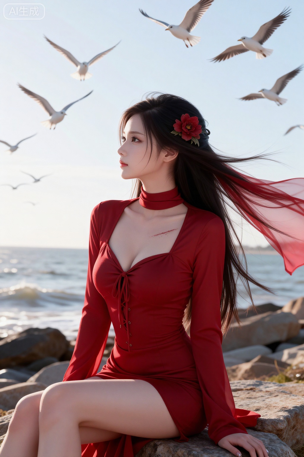 1女孩,独奏,长发,衬衫,红色衬衫,黑发,发饰,**,中等胸部,花朵,露脐,发花,指甲油,疤痕,宽领,前系式上衣,坐着,坐在海边的石头上,（风拂过长发和围巾）,天空中有许多鸟儿飞翔,飘动的头发