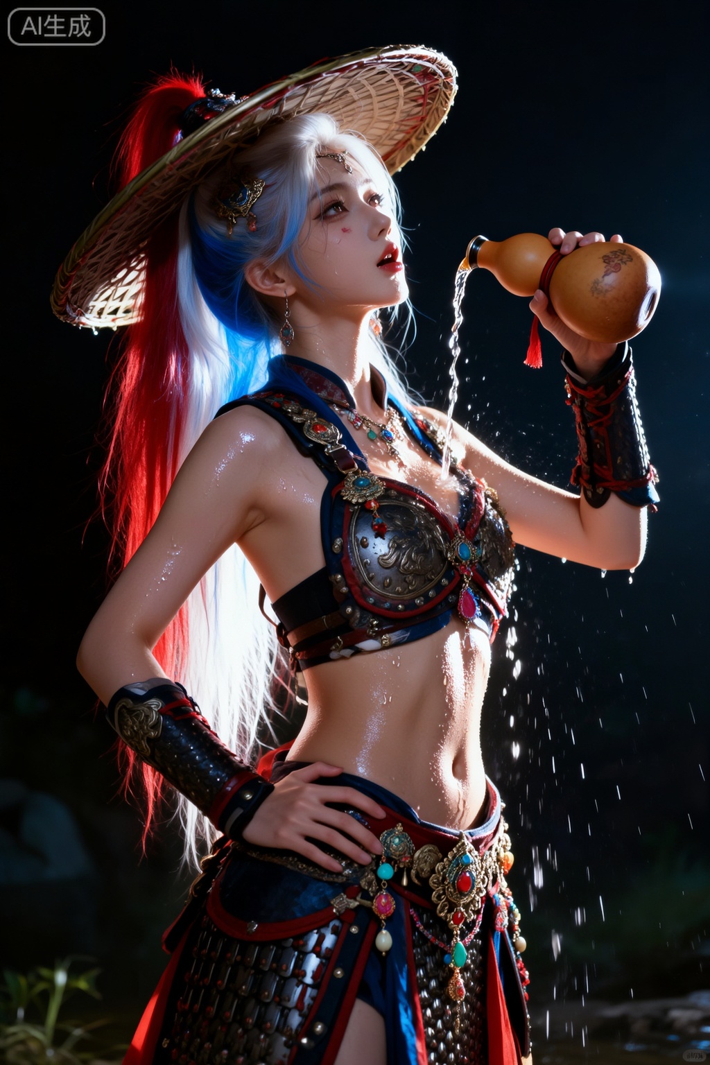 一位侧身的不良帅头女子映入眼帘,她的头上戴着华丽繁杂的宽延斗笠,红白蓝长发如瀑布般散落,腰间华丽繁杂的配饰显个性,手拿一个葫芦样式的酒壶将酒倾倒到脸上,抬头用嘴喝着流下的酒,一只手放在腰上。半身战甲华丽非常,露出光洁的腰部躯干。她的皮肤在灯光下泛着光泽,仿佛覆着一层汗水或水珠。闪光灯拍摄,逆光,发丝光,轮廓光,暗调摄影,强烈的视觉冲击力