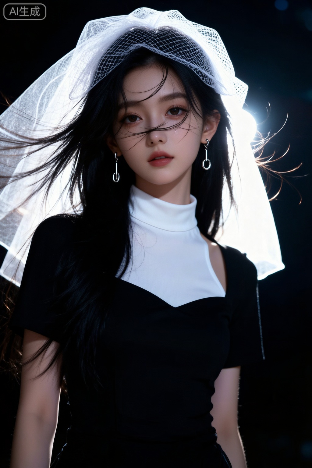 青春少女,黑色长发,几根碎发自然地散落,头发飘逸且发丝柔顺。身着假两件的衣服,白色高领和黑色衣服的组合,搭配上简约金属质感的耳饰以及头上的白色网纱帽,整体造型时尚又独特。她摆出优美的pose,闪光灯拍摄,逆光,发丝光,轮廓光,暗调摄影,动态模糊,强烈的视觉冲击力。