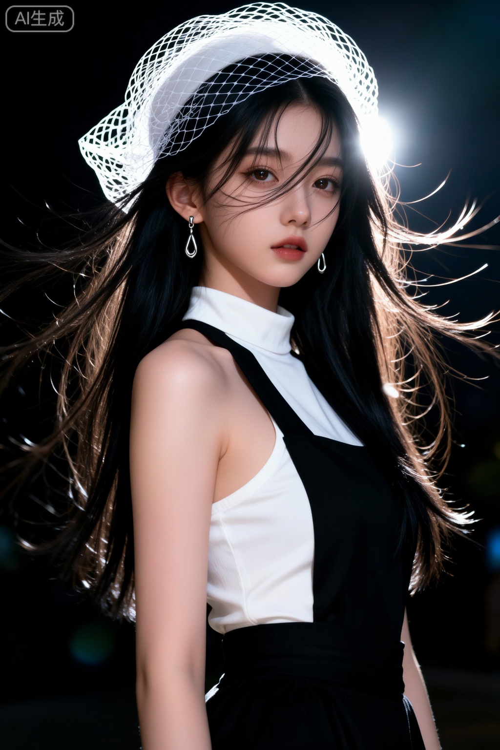 青春少女,黑色长发,几根碎发自然地散落,头发飘逸且发丝柔顺。身着假两件的衣服,白色高领和黑色衣服的组合,搭配上简约金属质感的耳饰以及头上的白色网纱帽,整体造型时尚又独特。她摆出优美的pose,闪光灯拍摄,逆光,发丝光,轮廓光,暗调摄影,动态模糊,强烈的视觉冲击力。