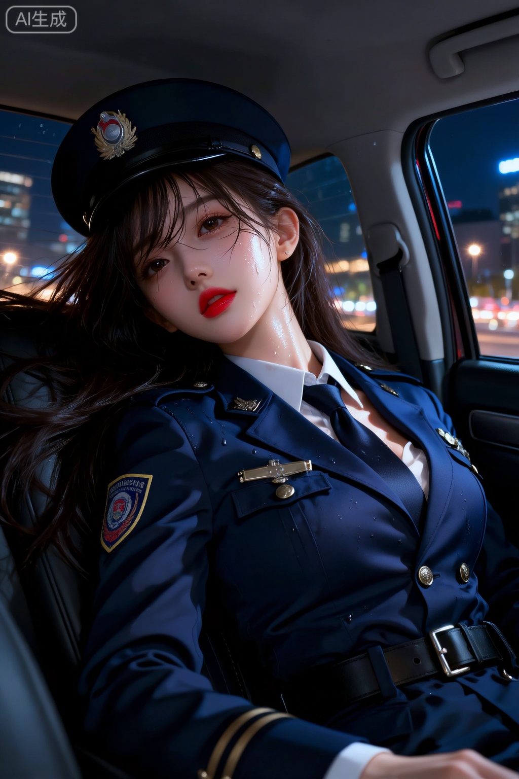 一位年轻半躺在豪华的车里,她的发型整洁而乖巧,厚而略微凌乱的刘海,妆容清淡亲和,鲜明的红润唇色增添了一丝甜美。深色长发四散铺展于头部周围。
 她身穿深蓝色外套,搭配警帽与领带,一侧胸前有印章、纽扣未完全扣合。
她的皮肤在灯光下泛着光泽,仿佛覆着一层汗水或水珠；肌肤光滑无瑕。
场景与环境：
车内,夜晚,窗外是城市的灯火