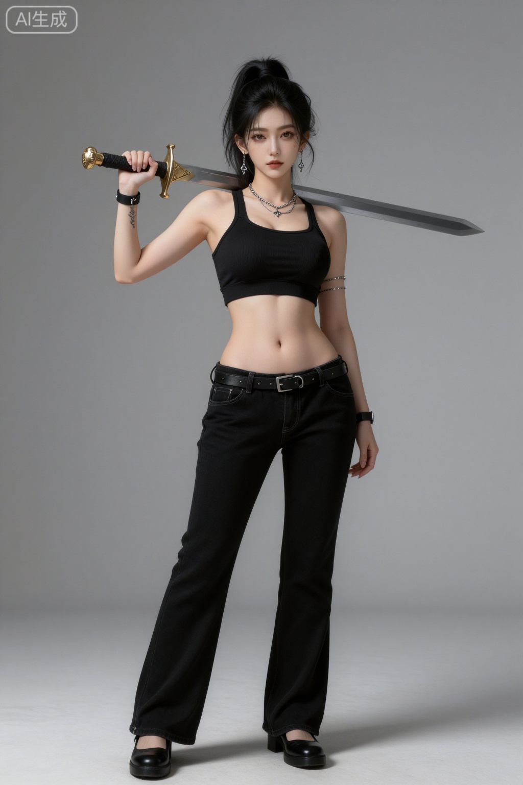 1girl,carrying a big sword on her shoulders, black hair, breasts, clothes around waist, crop top, full body, jewelry, lips, medium breasts, midriff, navel, ponytail, realistic, solo, standing, tattoo, wristband,Pants,shoes,