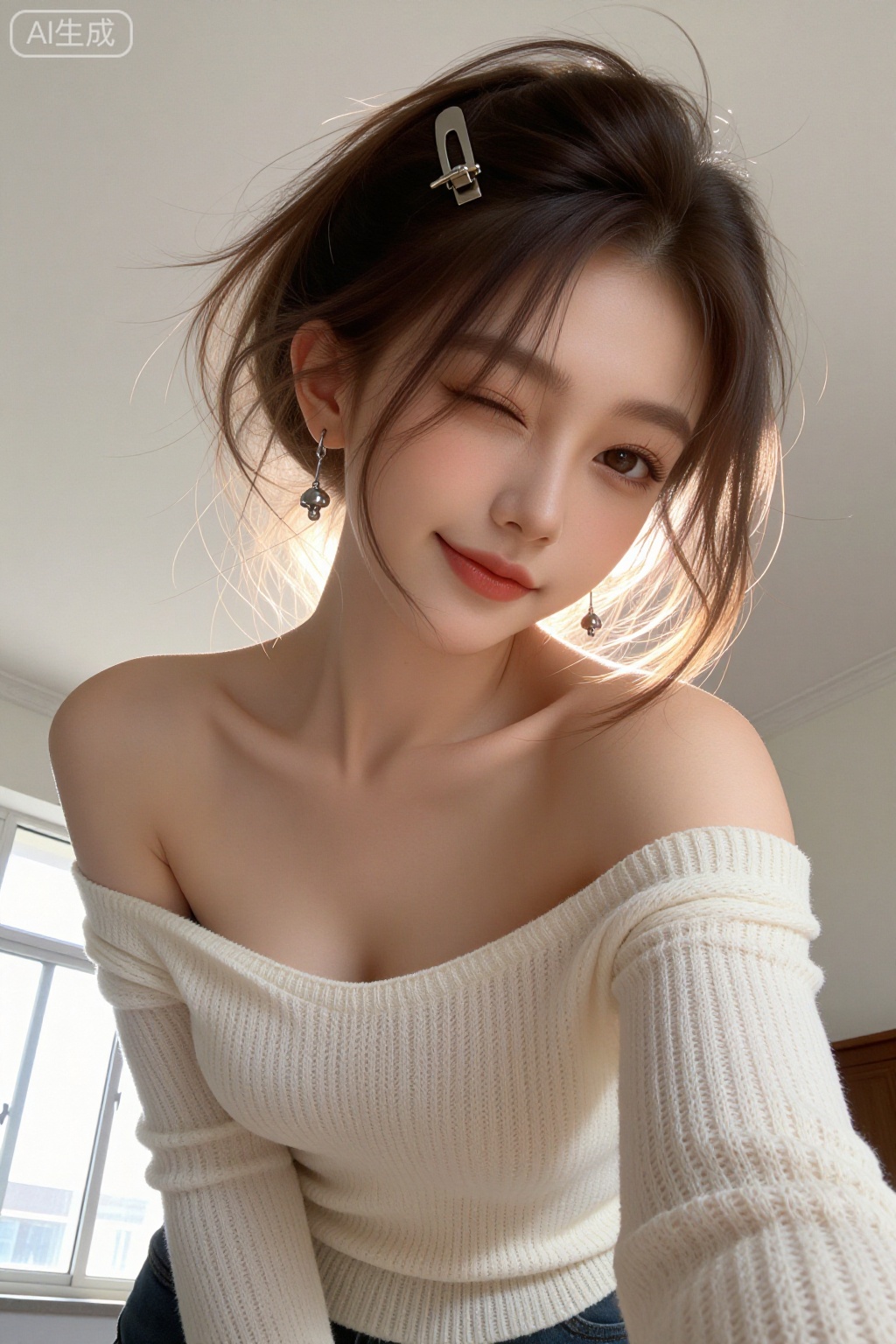 风格：日常自拍,微距镜头,超细节呈现,高对比度。
 
人物：可爱女学生,美女,真实皮肤颗粒感,洁白皮肤,弯身自拍；发卡、耳饰,身着露肩无袖针织衫（无肩带,露双肩、锁骨优越）；鬓角发丝凌乱自然垂落,表情可爱,古灵精怪,慵懒随性,wink表情。
 
场景：普通房间,逆光拍摄,柔和光影勾勒人物轮廓。
光影：窗户透进来的强烈的阳光照在发丝上,高爆光。
动作：低角度仰拍,随机动态视角,半身拍摄,摆俏皮可爱pose。