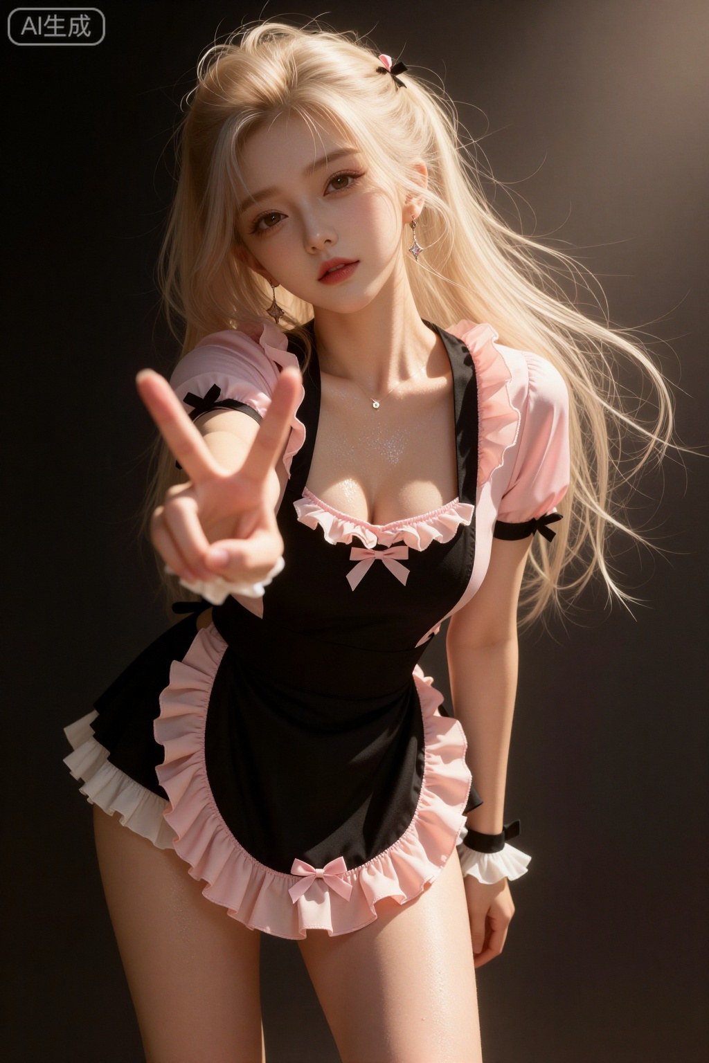 一头飘逸金发少女,歪着脑袋,单手向前比V,可爱。他们穿着一条黑色女仆风格的围裙,上面装饰着粉红色的褶边和粉红色的小蝴蝶结,搭配粉色粉丝衬衫褶边袖口,大腿,流汗,皮肤上泛着汗水的光泽。
背景黑暗的,暗调摄影,侧光,发丝光。