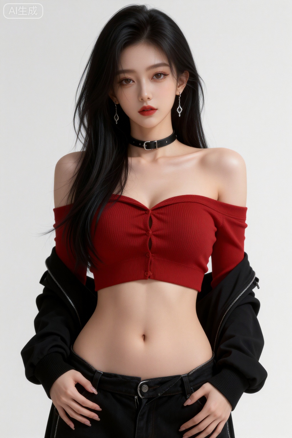 1girl, solo, long hair, jewelry, navel, earrings, choker, midriff, red lips, skirt, black hair, off shoulder, jacket, red shirt, black jacket, looking at viewer, shirt, breasts, crop top, bare shoulders, black choker, makeup, closed mouth, brown eyes,pants,unzipped,open fly