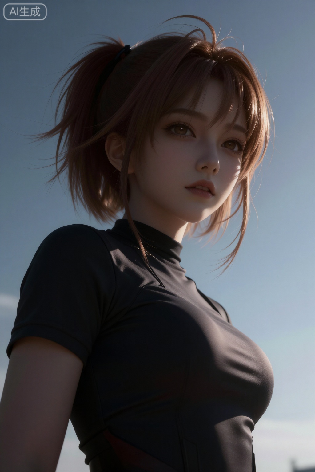 采用电影写真风格的摄影后期处理,呈现出高分辨率的画面效果。画面主体是一位身着灰黑色短体恤,有着亚麻棕色长头发的木之本樱cosplay人物。人物面对镜头,背景是一片蓝天。运用低视角、特写镜头和对角线构图,捕捉人物的特写姿态,带有动态模糊效果,增强画面的冲击力。整体画面为暗调,明暗交替对比,营造出简约而富有张力的氛围。