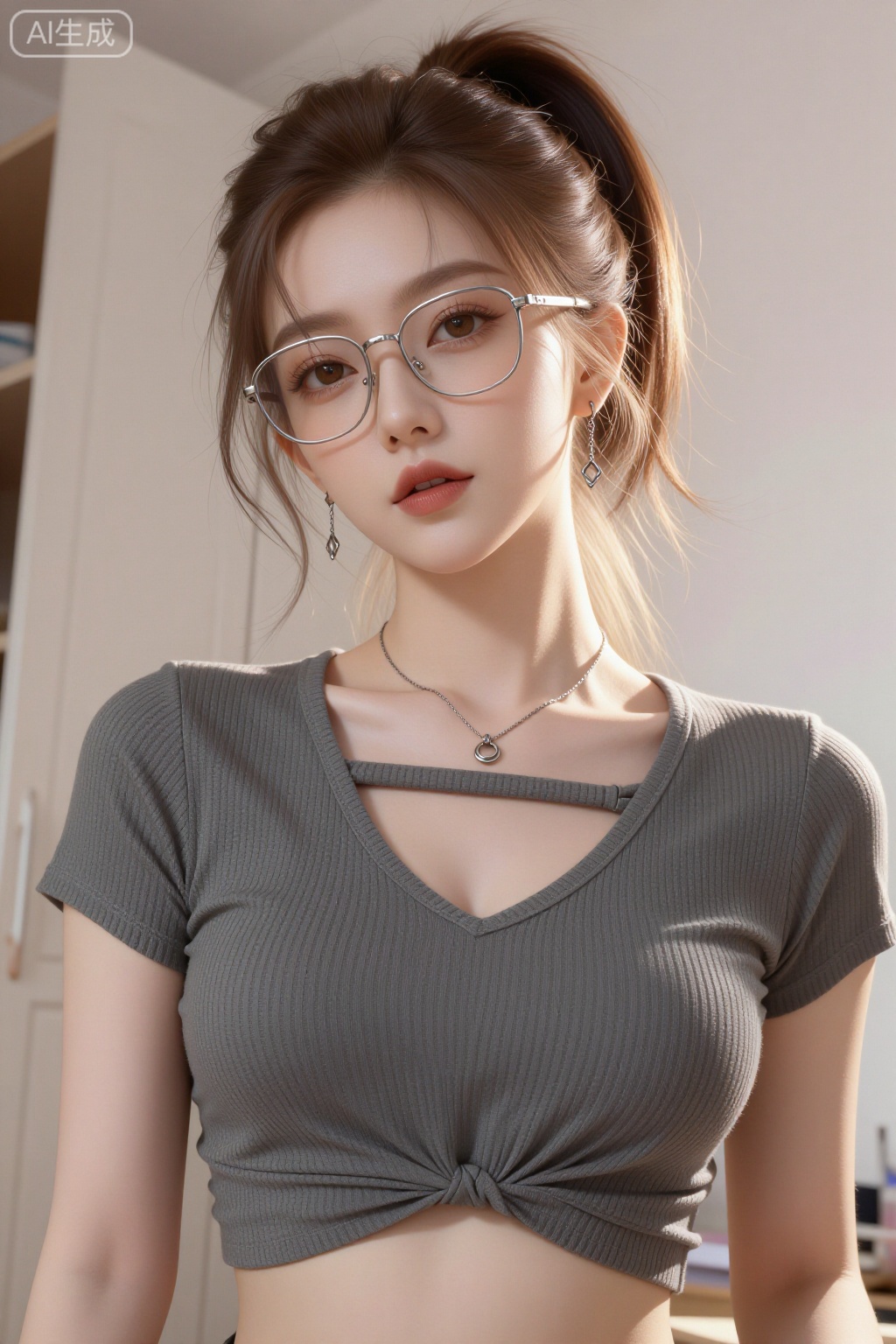 1girl, solo, looking at viewer, brown hair,brown eyes, jewelry, ponytail, earrings, glasses, indoors, necklace, lips, realistic,short sleeves,shirt,navel cutout