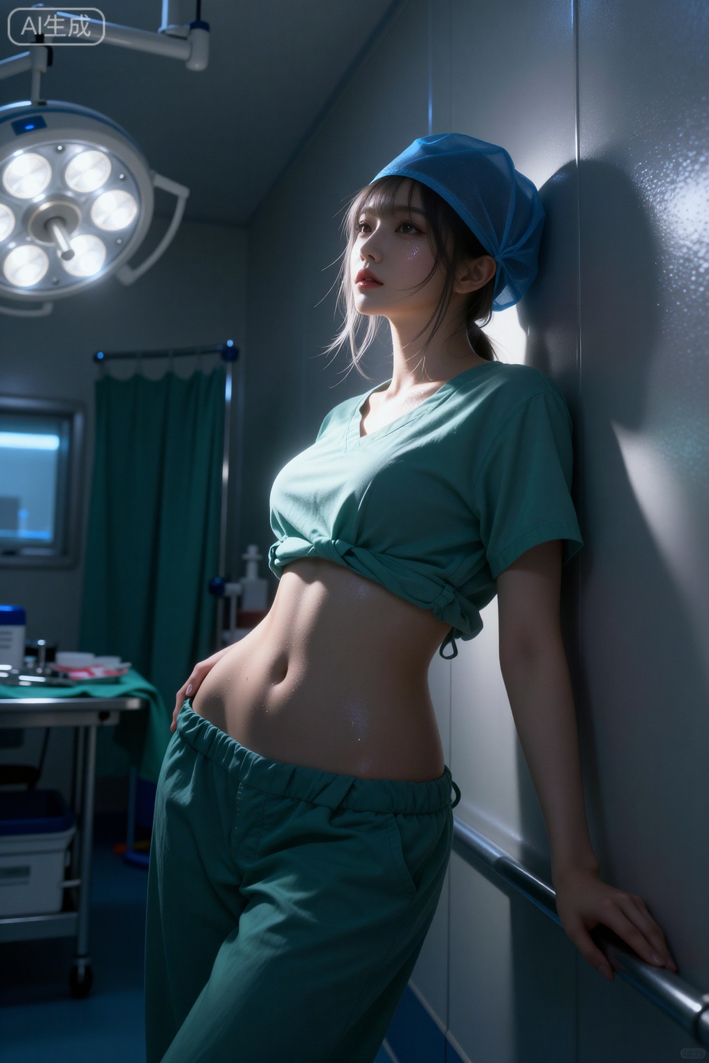 <Character>一个韩国女人,25岁,齐肩直发带空气刘海,五官清纯立体。身高168厘米,紧致身材,胸部丰满腿长。</Character>,<Clothes>上身只穿浅绿手术服上衣拉低露出胸部,下身同款低腰裤子,露出肚脐,戴蓝色一次性手术帽。</Clothes>,<Pose>她靠在手术室墙边,一只手扶墙,一只手轻抚腹部向下,身体微微弓起,抬头用湿润眼神凝视镜头,长发从帽下散落。</Pose>,<Scene>手术室准备区,背景是绿色幕布、无菌器械台和关闭的大型手术灯,侧面窗户透入微弱冷蓝自然光。</Scene>,<Style>低键侧光与残余灯影风格,侧窗冷蓝自然光从一侧切入形成硬朗chiaroscuro高对比,胸部亮侧强烈银白高光、暗侧没入深蓝阴影拉长体积,手术帽边缘捕捉细锐蓝光反光,地面反射微弱光斑点缀腿部,呈现夜晚空荡手术室的孤寂性感张力。</Style>,<Photographic distance>近景到中景,聚焦胸部以上细节同时保留腿部阴影。</Photographic distance>,<Photographic angle>低角度侧拍,增强侧光切入的戏剧性阴影深度与压迫感。</Photographic angle>
