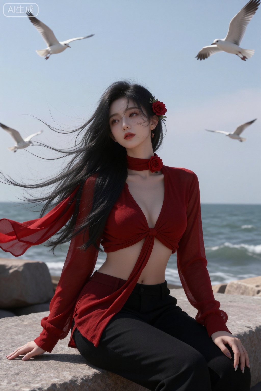 1girl, solo, long hair, breasts, shirt,red shirt,black hair, hair ornament, cleavage, medium breasts, flower, midriff, hair flower, nail polish,scar,wid, front-tie top, sitting,sit on the stone by the sea, (the wind blows long hair and scarf), and there are many birds flying in the sky,floating hair