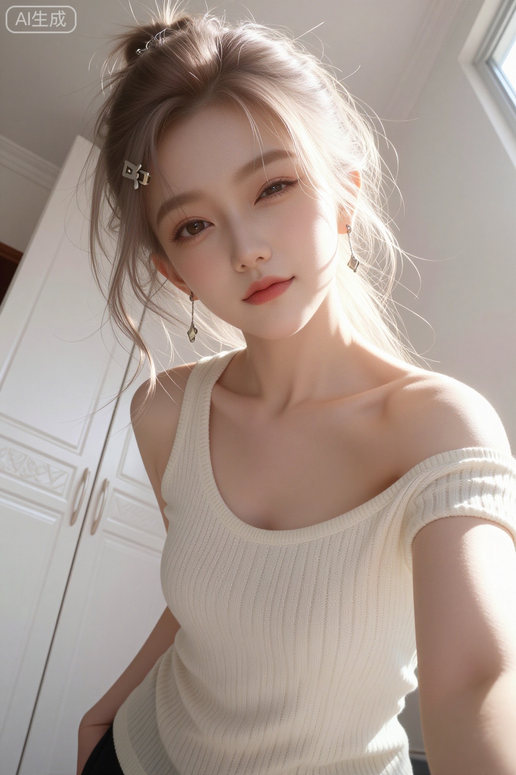 风格：日常自拍,微距镜头,超细节呈现,高对比度。
 
人物：可爱女学生,美女,真实皮肤颗粒感,洁白皮肤,弯身自拍；发卡、耳饰,身着露肩无袖针织衫（无肩带,露双肩、锁骨优越）；鬓角发丝凌乱自然垂落,表情可爱,古灵精怪,慵懒随性,wink表情。
 
场景：普通房间,逆光拍摄,柔和光影勾勒人物轮廓。
光影：窗户透进来的强烈的阳光照在发丝上,高爆光。
动作：低角度仰拍,随机动态视角,半身拍摄,摆俏皮可爱pose。