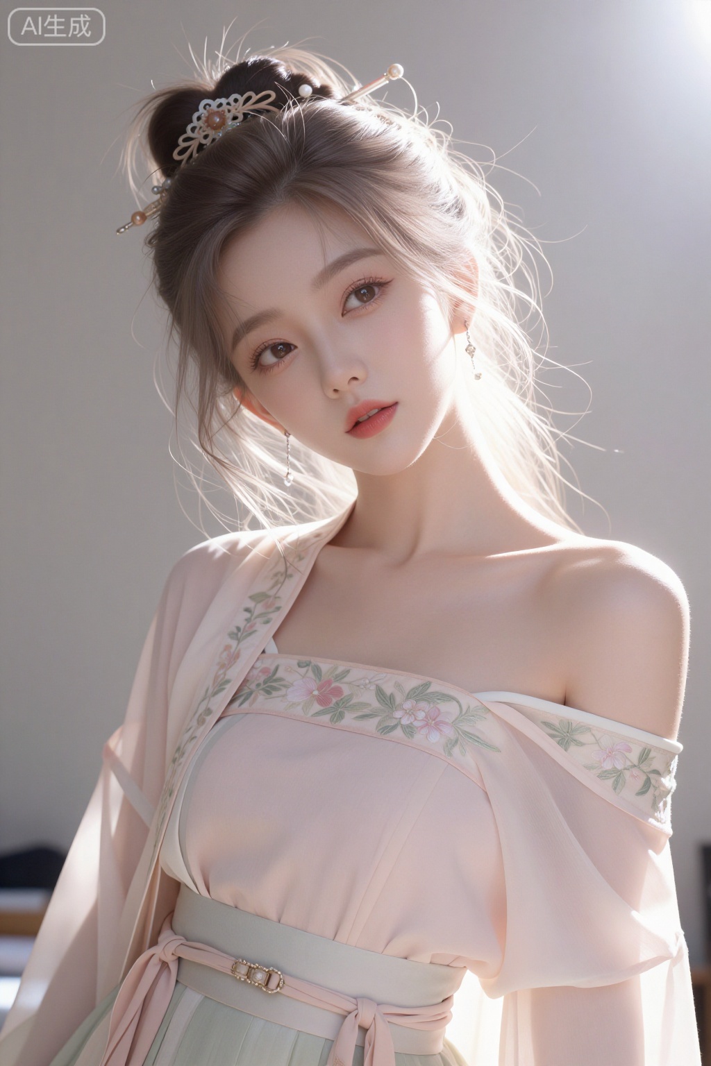 An 18-year-old female student, playful, cute, and lazy.

The background is an ordinary room, shot with backlight, soft light and shadow outline the outline of the characters, and the composition is shot from a low angle to create a sense of tranquility and relaxation.
Everyday snapshot style, natural soft light. The hair on the sideburns is messy and falls naturally, with a random dynamic perspective and a cute expression.
Portrait photography, daily snapshot style, beautiful women, exquisite hair accessories, exquisite ancient style outfits, low collar and off-shoulders, tall and full upper body, light pink embroidered Hanfu. Macro lens, super details, cold white, even, clear and delicate skin, perfect figure, half-length lens,