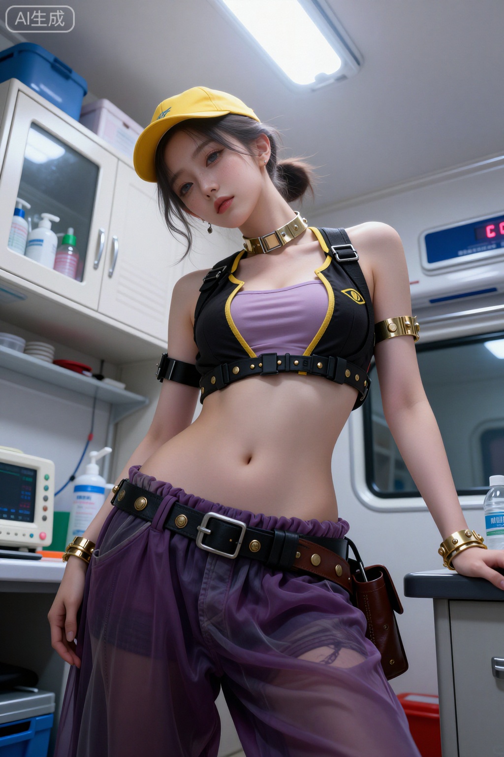 This is a beautifully composed, candid-style photograph with subtle film grain., {subject: "A stunningly beautiful early 20s Korean woman, very natural and innocent look", hair_style: "tied in a low ponytail and her bangs gently frame her face,", hair_color: "jet black hair", eyes: "grey blue eyes", pose: "dozing off at desk", expression: "arrogant look down", composition: "extreme low-angle camera shot, worm's-eye view, framing torso, foreshortening, sharp focus on midsection, cinematic depth of field", clothing_style: "short light-purple bandeau top made of sheer, semi-transparent fabric subtly revealing her skin beneath, exposing her toned midriff. Over it, a cropped black bolero-style vest with golden yellow trim and a stylized eye symbol on the chest. Long loose purple harem pants made of lightweight flowing, gauzy translucent material through which her legs are partially visible. Wide heavy black belt around her hips decorated with large round golden medallions and studs, brown leather pouch attached on the right side. On her left forearm a black bracelet with golden spikes, and on the left wrist multiple golden bangles with dangling coins", choker: "gold metal wrist cuffs", accessories: "matching yellow cap", background: "Ambulance interior, cabinets with secured medical supplies, coiled tubing, heart monitor, oxygen tanks, trauma kits", lighting: "chiaroscuro", light_effect: "top-down spotlight", film: "film grain 35mm"}  
All: This is a beautifully composed, candid-style photograph with subtle film grain., {subject: "A stunningly beautiful early 20s Korean woman, very natural and innocent look", skin: "extremely pale skin with freckles", hair_style: "tied in a low ponytail and her bangs gently frame her face,", hair_color: "jet black hair", eyes: "grey blue eyes", pose: "dozing off at desk", expression: "arrogant look down", composition: "extreme low-angle camera shot, worm's-eye view, framing torso, foreshortening, sharp focus on midsection, cinematic depth of field", clothing_style: "short light-purple bandeau top made of sheer, semi-transparent fabric subtly revealing her skin beneath, exposing her toned midriff. Over it, a cropped black bolero-style vest with golden yellow trim and a stylized eye symbol on the chest. Long loose purple harem pants made of lightweight flowing, gauzy translucent material through which her legs are partially visible. Wide heavy black belt around her hips decorated with large round golden medallions and studs, brown leather pouch attached on the right side. On her left forearm a black bracelet with golden spikes, and on the left wrist multiple golden bangles with dangling coins", choker: "gold metal wrist cuffs", accessories: "matching yellow cap", background: "Ambulance interior, cabinets with secured medical supplies, coiled tubing, heart monitor, oxygen tanks, trauma kits", lighting: "chiaroscuro", light_effect: "top-down spotlight", film: "film grain 35mm"}