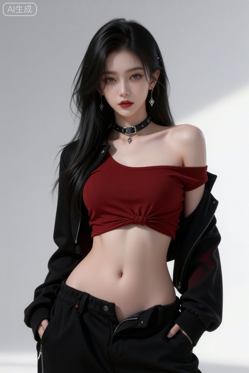 1girl, solo, long hair, jewelry, navel, earrings, choker, midriff, red lips, skirt, black hair, off shoulder, jacket, red shirt, black jacket, looking at viewer, shirt, breasts, crop top, bare shoulders, black choker, makeup, closed mouth, brown eyes,pants,unzipped,open fly