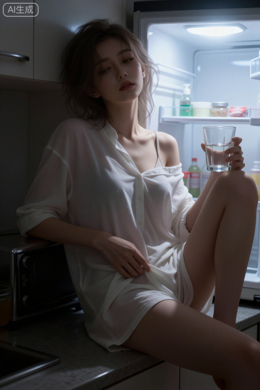 photograph A beautiful young woman, her tousled hair framing sleepy eyes that flicker with subtle desire, leans against a dark kitchen counter in a quiet, intimate moment, her bare legs exposed under an oversized white shirt that slightly clings to her small, faintly visible breasts through thin fabric. One hand cradles a cold glass of liquid, while the other slips beneath the shirt hem, gently tracing a self-touch on her stomach, the soft shadows of the dimly lit kitchen casting gentle contours across her warm skin illuminated by the cool blue-white glow of the fridge light. The scene exudes a clandestine atmosphere of solitude and longing, with the soft, diffused lighting enhancing the quiet domestic intimacy of the moment, capturing the delicate balance between stillness and yearning., 50mm . cinematic 4k epic detailed 4k epic detailed photograph shot on kodak detailed cinematic hbo dark moody, 35mm photo, grainy, vignette, vintage, Kodachrome, Lomography, stained, highly detailed, found footage,