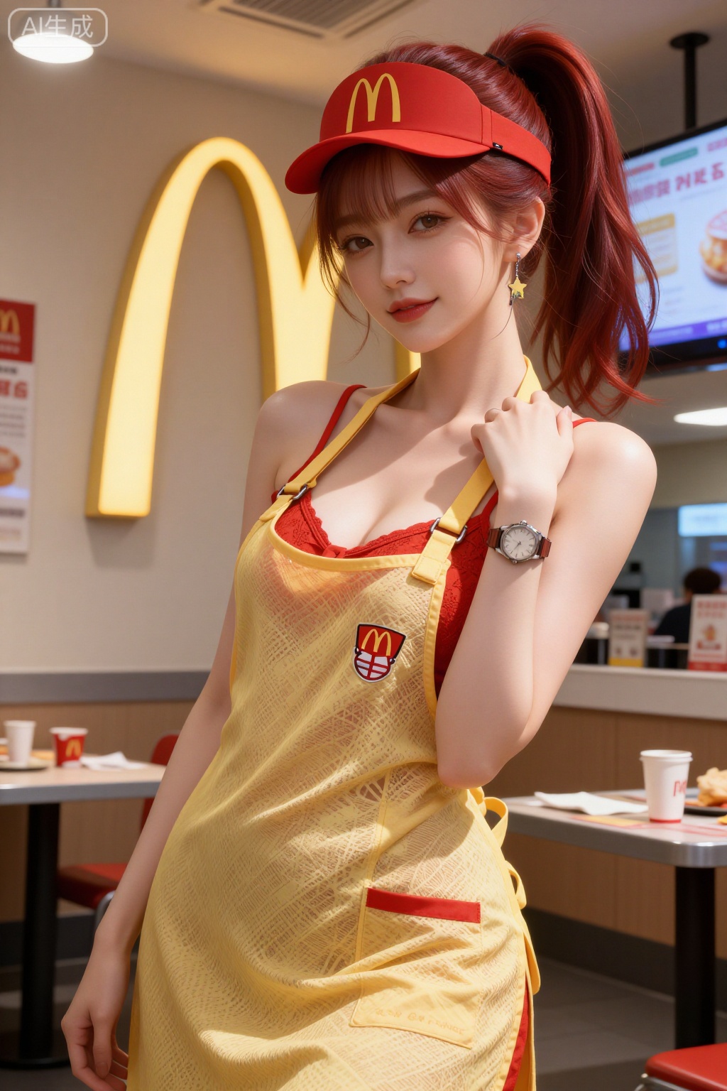 masterpiece,best quality,best details,rich details,MomonogiKana,sexy,((smile)),supermodel figure,watching the viewer,((red|brown hair, long_ponytail, bangs)),(((In a McDonald's fast food restaurant, Big McDonald logo in the background))),(((McDonald logo apron, McDonald logo hat, Shoulder strap slipped off))),(sexy yellow|red lace mesh apron:1.4),(Slingshot Bikini:1.4),REALNIME,Sparkle Glowing,1girl,
