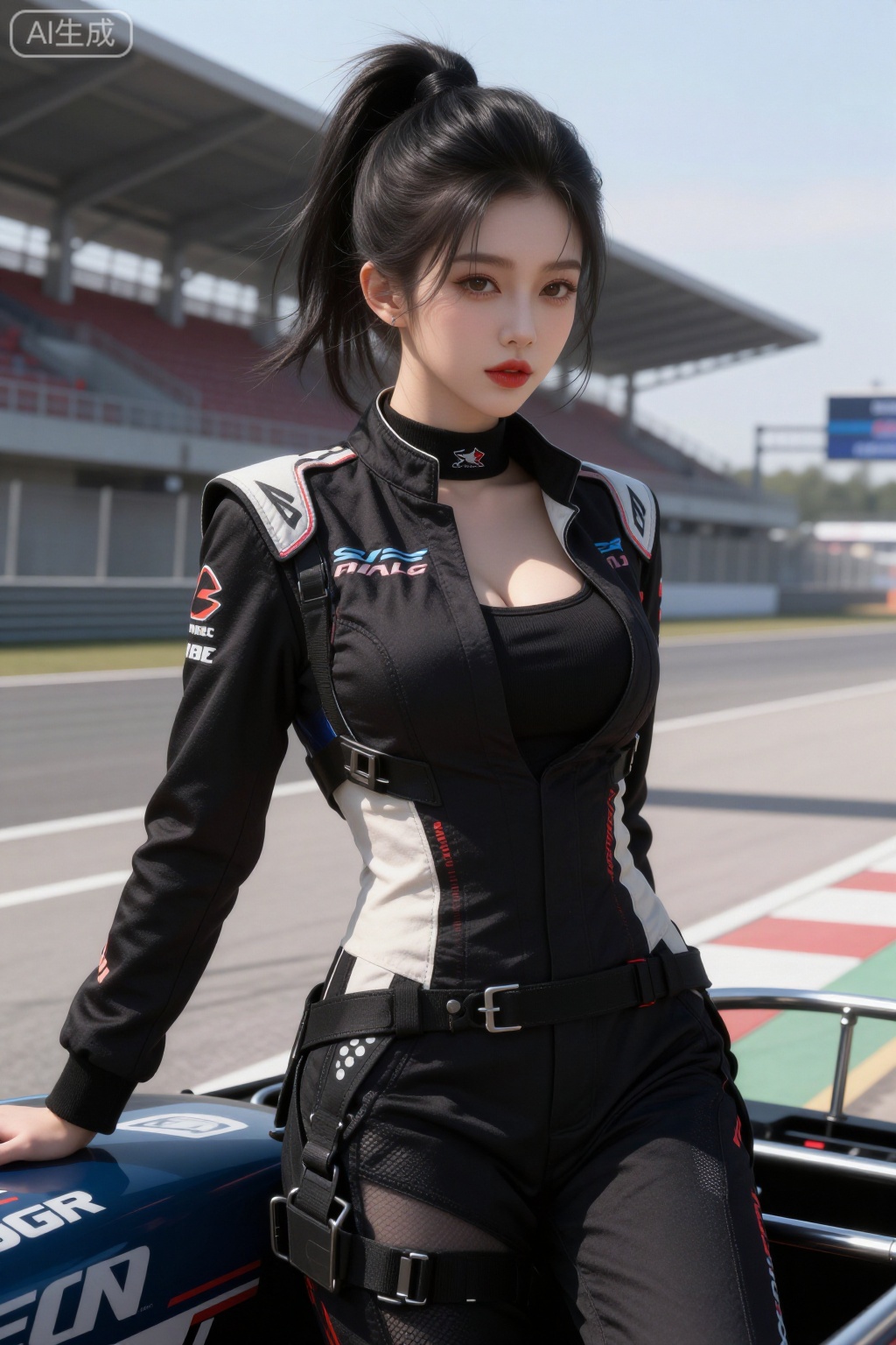 1girl,black hair,red lips,racing driver, racing suit, tights, racing track, cleavage,hair bun,high ponytail