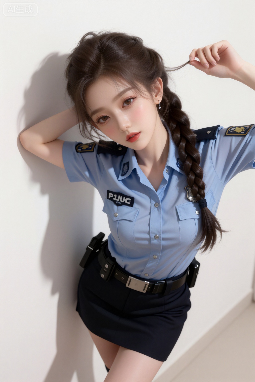 , best quality,masterpiece,amazing quality,ultra-detailed,delicate illustration, best shadows, very detailed, scenery, depth of field, volumetric, cinematic perspective, hyper-realistic, masterpiece, highly detailed, very aesthetic, blushing, asian girl, small head, pretty girl, korean girl, ,Dynamic angle, Dynamic pose, ear piercings,.simple background,, 
, 
.
, 
Asian-appearing woman in a police uniform, leaning against a white background. She has long, dark braided hair and light skin. The woman wears a light blue police shirt with a badge and black skirt with a 
 . She's also wearing a black belt and a watch on her left wrist., with her head slightly tilted down and away, and her right arm raised with her fingers gently curled. The lighting is soft and diffused, creating subtle shadows and highlights. 
From down view,