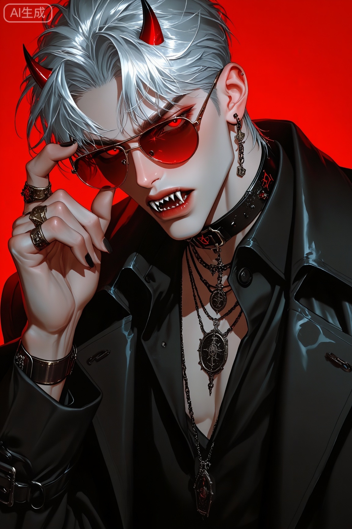 A charismatic devil-themed male character with messy silver-white hair, small red horns, and piercing red eyes. He wears red-tinted aviator sunglasses, a glossy black trench coat, multiple layered necklaces with occult pendants, and a choker. His fingers, adorned with metallic rings, gently lift the sunglasses to reveal fangs. Bright red background, dramatic lighting, high contrast, sharp facial features, anime-manga realism, edgy fashion, supernatural charm, cinematic portrait style.