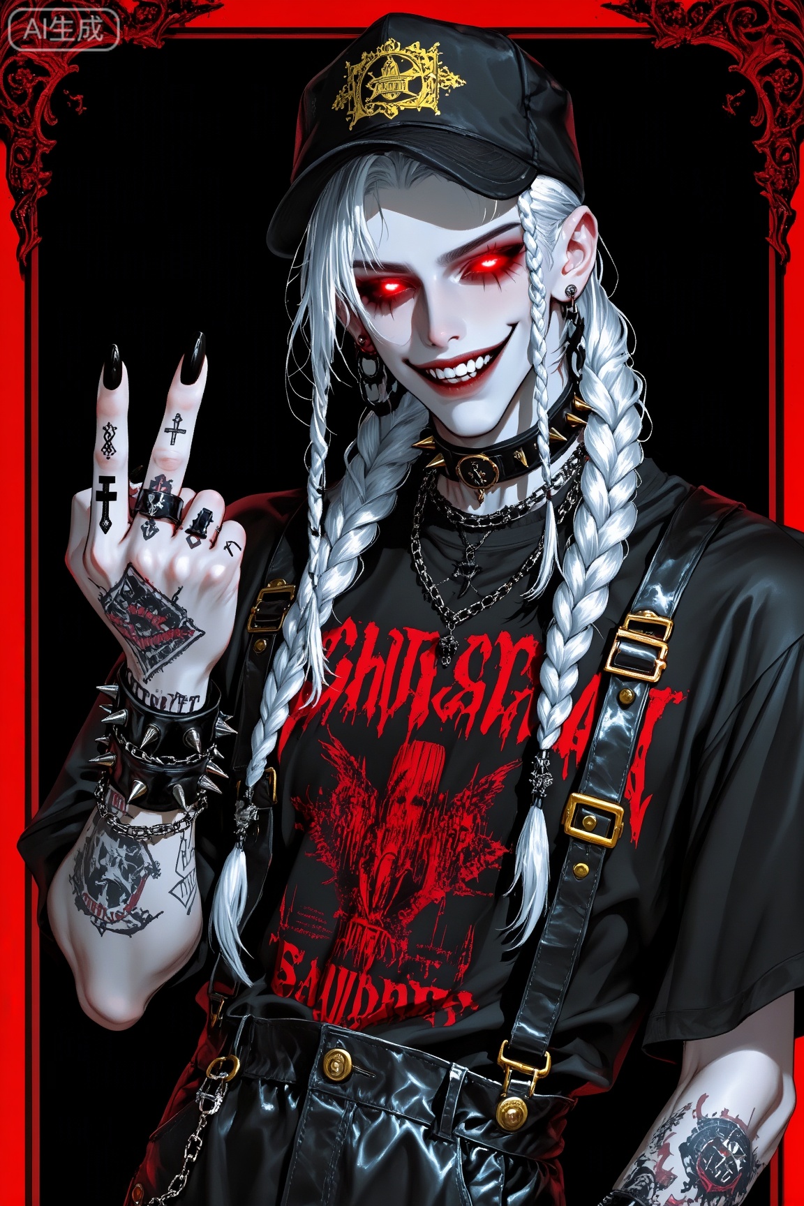 A rebellious gothic punk character with long silver-white braided hair, glowing red eyes, and a mischievous smirk. Wearing a black band T-shirt with bold red graphic text, leather overalls with gold buckles, layered chains, and a black cap with golden logo. One hand raises a middle finger with intricate tattooed symbols. Deep black background framed with ornate red borders, intense contrast, sharp shadows, detailed textures, dark fantasy meets urban streetwear, anime-inspired hyper-realistic illustration.