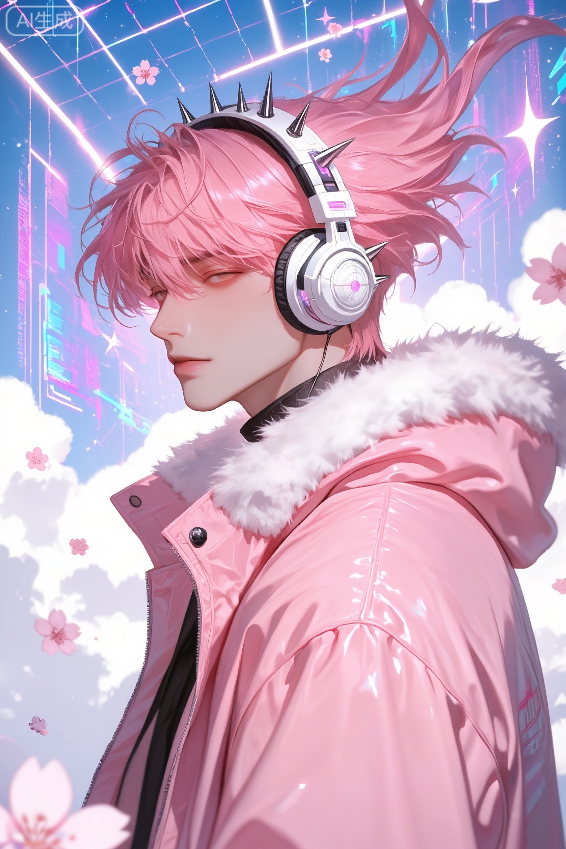 A stylish young man with vibrant pink hair flowing in the wind, wearing futuristic white spiked headphones and a glossy pastel pink parka with fluffy white fur collar. He stands against a surreal sky filled with glowing grid lines, stars, and floating cherry blossoms. The background blends dreamy clouds with digital neon patterns. Soft cinematic lighting, ultra-detailed anime art style, high-resolution, vibrant colors, ethereal atmosphere, cyber-pop aesthetic.