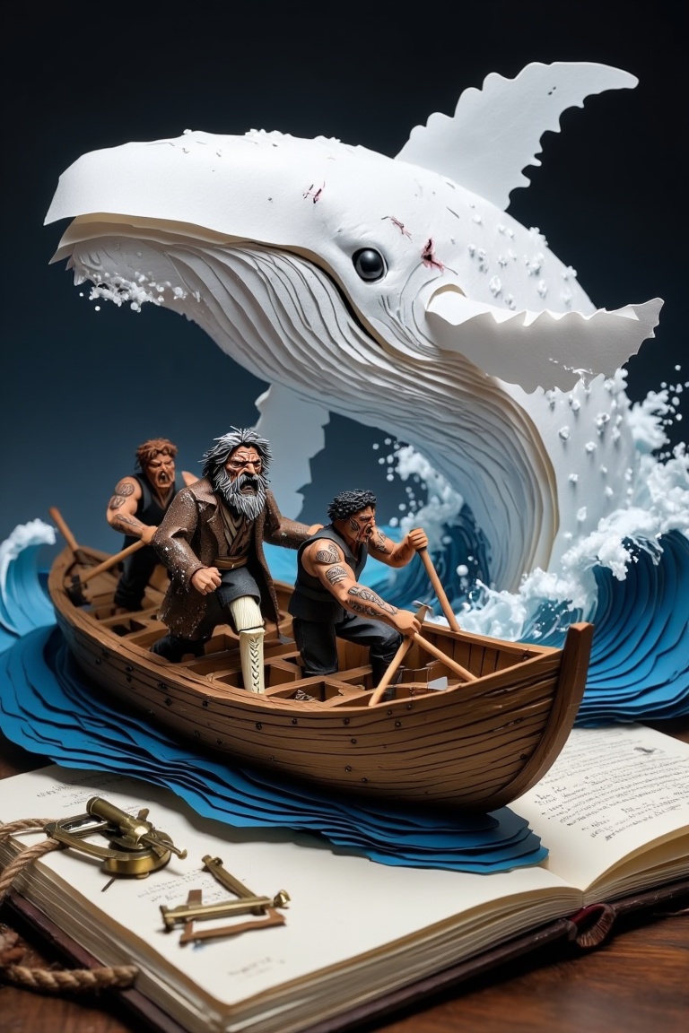 Create an intricately crafted,  fully unfolded pop-up book with hyper-detailed paper sculptures emerging dynamically from...