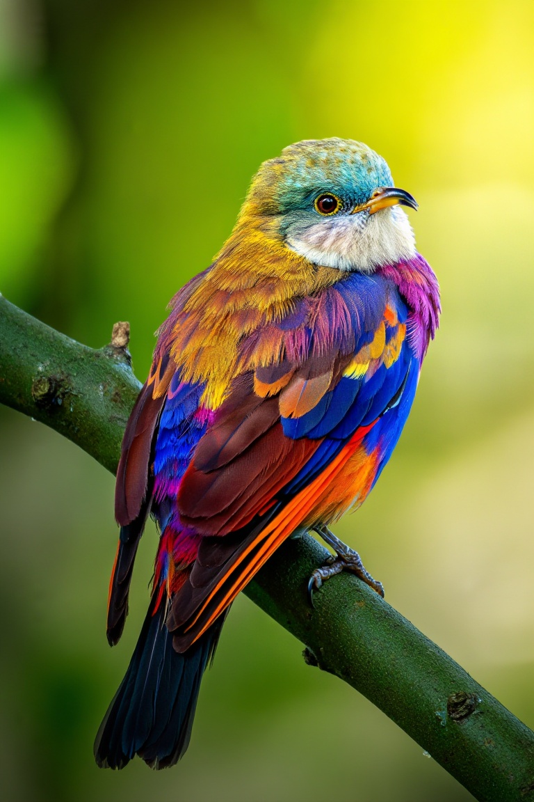 a colorful bird sitting on a tree branch,  capturing the intricate details with macro photography,  vibrant colors and the...