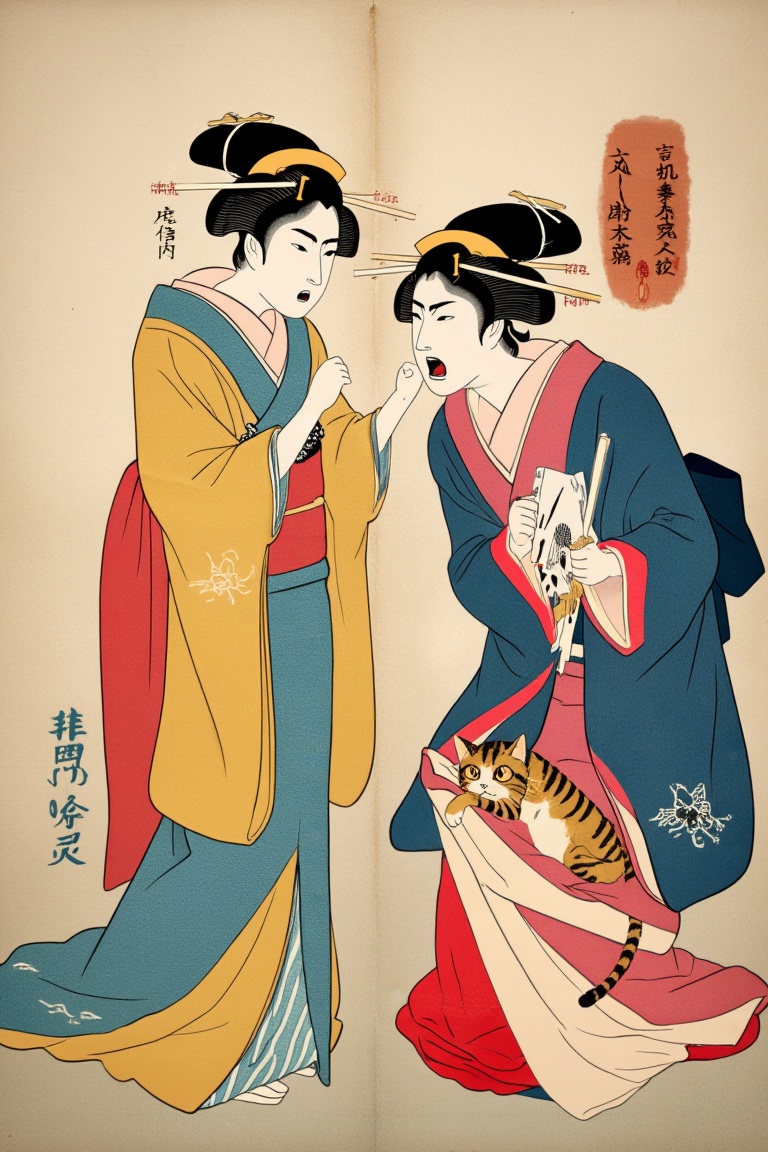 make the lady getting yelled at by cat meme into a classical Japanese style artwork on Tensor.Art