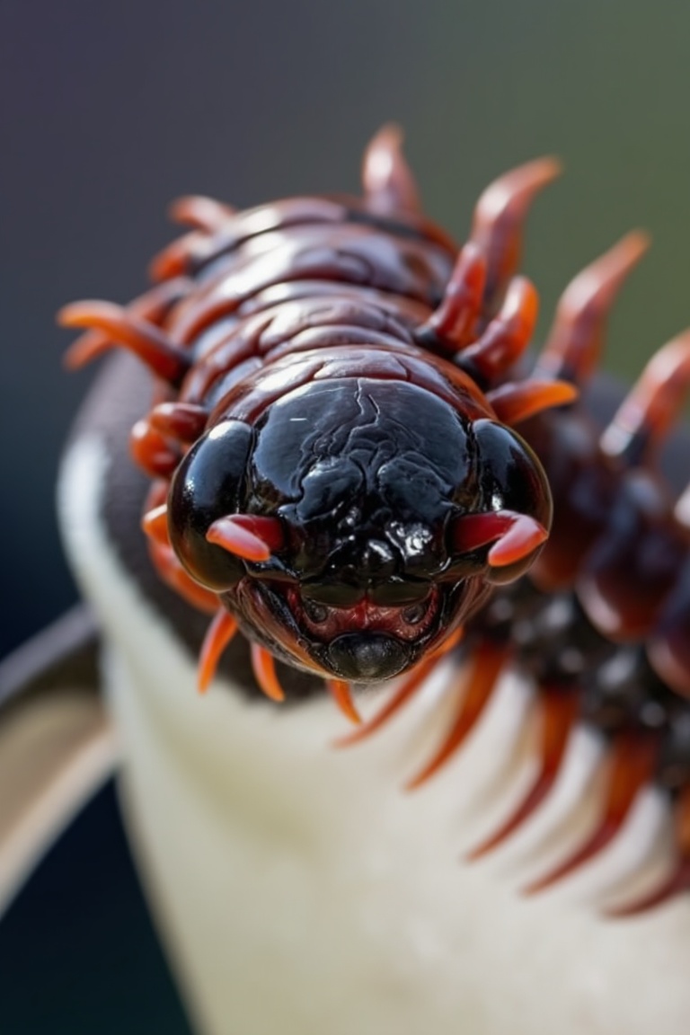 There you can see a centipede-penguin hybrid. Keep the realism of the photo and surrealism of the situation,  The centiped...