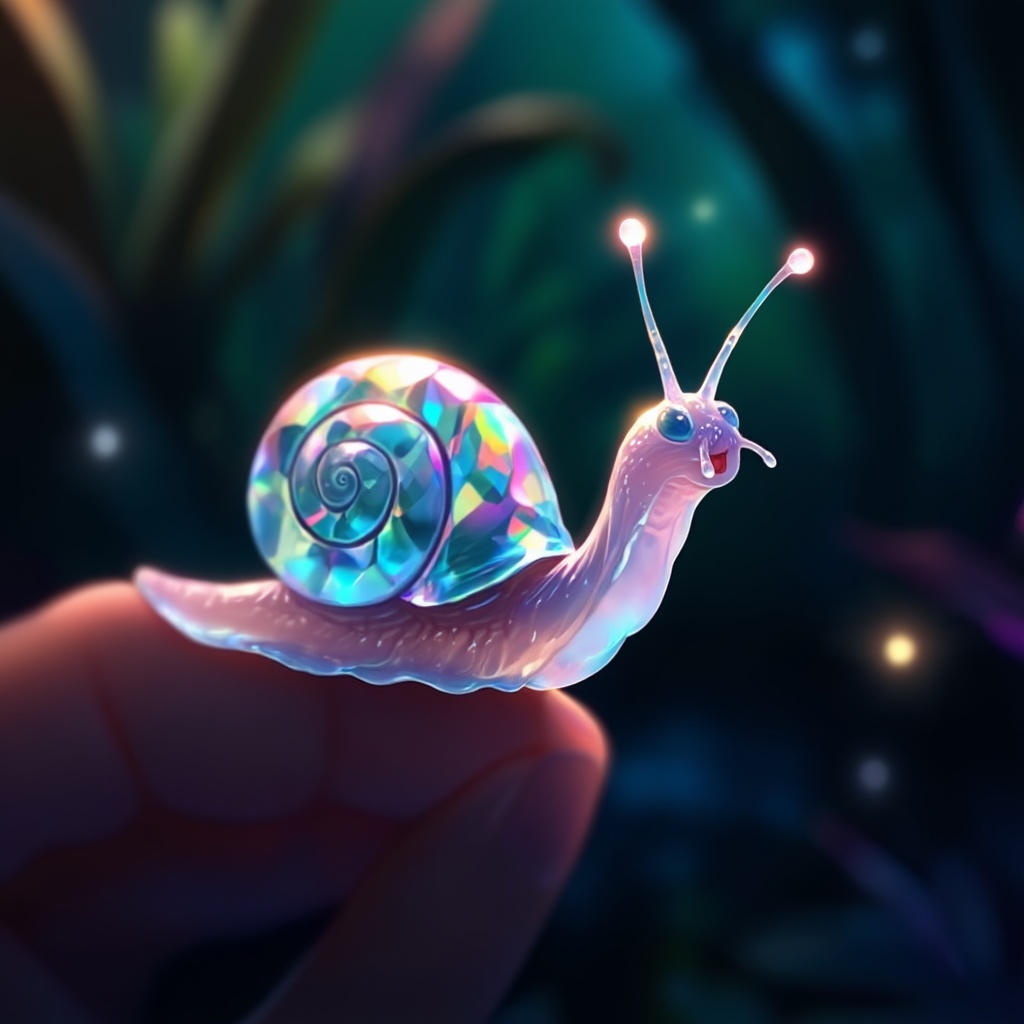 A tiny alien snail,  its shell made of prismatic,  ever-shifting crystal that reflects the light in dazzling colors. Its a...