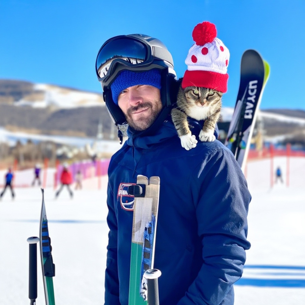 A man skiing at a ski resort. A cat in a winter hat sits on a man's shoulder. on Tensor.Art