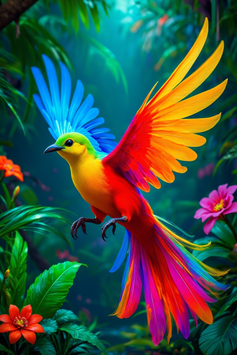 Create a photorealistic close up image of a flying 1paradise bird,  colorful,  jungle on Tensor.Art
