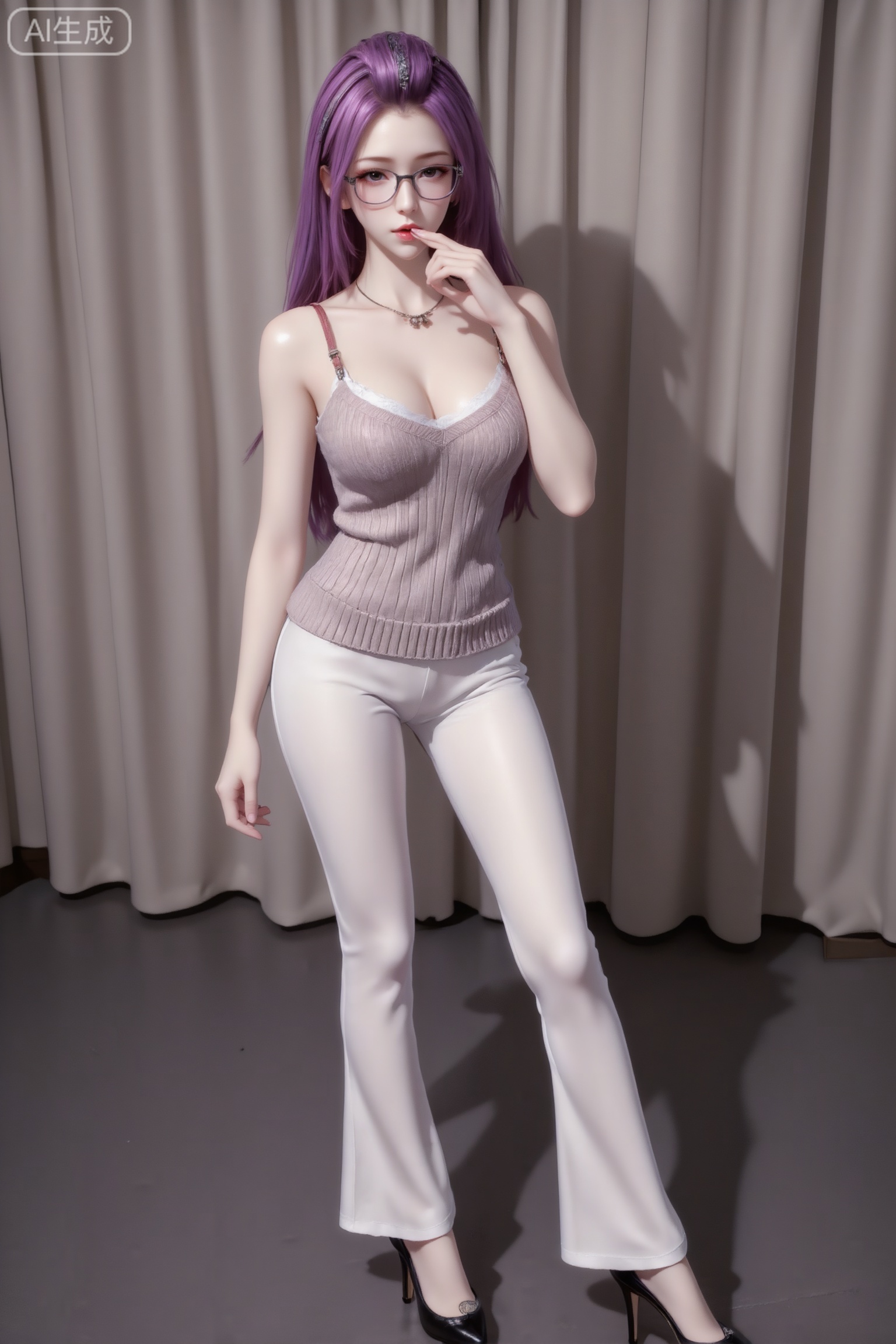 杰作级画质,顶级图像精度,超高清细节渲染,单人女性角色,（紫色亮丽的长发：1.4）,（比例优越的纤细长腿：1.3）,（肌肤白皙光滑的匀称美腿：1.4）,（挺拔饱满的D 罩杯曲线：1.4）,（精致立体的美颜五官：1.4）,美颜全开,光滑油亮的皮肤,水嫩的肌肤,一个女孩,紫色头发,田蜜,
普通房间,背景为纯色窗帘,日常快照风格,非精心构图,非专业打光,美女戴着眼镜,镜片略微反光,身穿吊带无袖紧身毛衣,微喇叭裤细高跟,完美身材,一只手轻轻点着嘴唇,妩媚,航拍视角