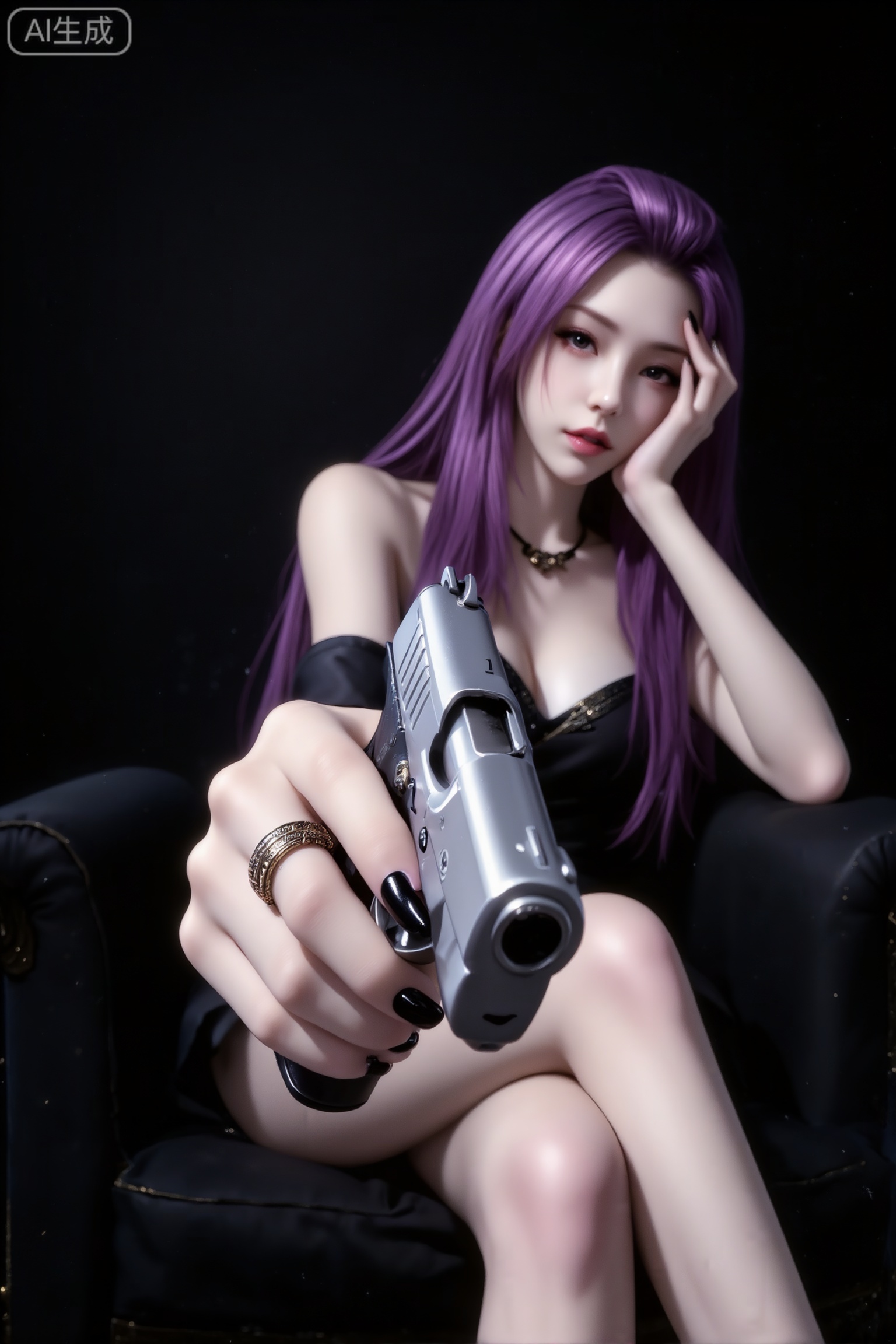 杰作级画质,顶级图像精度,超高清细节渲染,单人女性角色,（紫色亮丽的长发：1.4）,（比例优越的纤细长腿：1.3）,（肌肤白皙光滑的匀称美腿：1.4）,（挺拔饱满的D 罩杯曲线：1.4）,（精致立体的美颜五官：1.4）,美颜全开,光滑油亮的皮肤,水嫩的肌肤,一个女孩,紫色头发,田蜜,
高清画质,真人摄像,专业拍摄,坐在王座上的长发性感御姐,手拿枪指着镜头,银色手枪特写,修长手指,黑色美甲,叠戴戒指,单手撑着脸,头慵懒的歪在一边,背景为黑色的弥散,画面有颗粒感,磨砂质感,画面整体融合自然,颜色偏深。构图饱满。仰视角拍摄,全身poss。