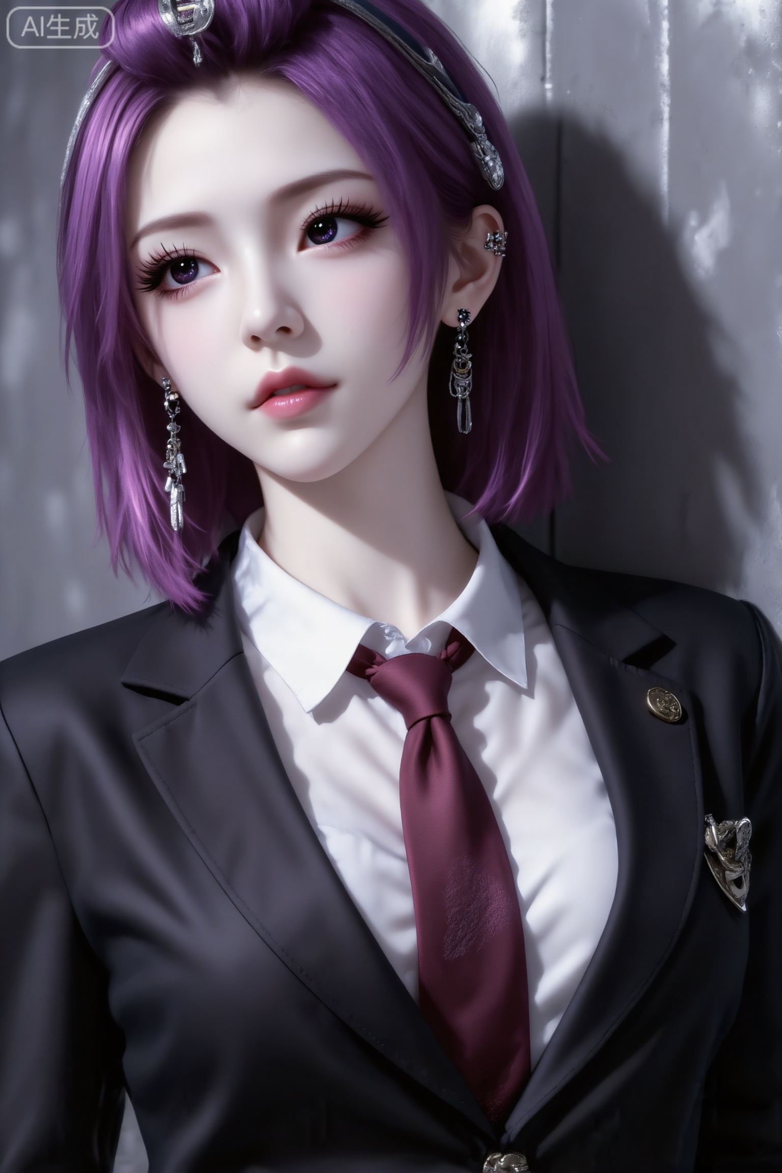 杰作级画质,顶级图像精度,超高清细节渲染,单人女性角色,（紫色亮丽的长发：1.4）,（比例优越的纤细长腿：1.3）,（肌肤白皙光滑的匀称美腿：1.4）,（挺拔饱满的D 罩杯曲线：1.4）,（精致立体的美颜五官：1.4）,美颜全开,光滑油亮的皮肤,水嫩的肌肤,一个女孩,紫色头发,田蜜,

沙漏型身材,紫色短发,暗色闪光瞳孔（色调浓郁,眼神可带些清冷、深邃感）,长睫毛,精致五官,肤色偏苍白,腹黑,校霸身着日式立领校服风格外套（黑色,有硬朗版型、金属扣等细节）,内搭白色衬衫（微敞、有自然褶皱）,搭配酒红色领带（松散系法、有垂坠纹理）,个性耳饰（如链条、耳钉组合）
随意倚在墙边,银暗色调,磨砂质感,仰拍视角,氛围感,暗部加灰,高光柔和,模糊氛围怼脸大特写,精致细节,细腻写实写真照,超高清画质去掉参考图的服装和手套书还有脖子巾发型,去掉背景只是换脸,其他都要和生成图片一样,20岁江南绝美少女,大曲线爆满葫芦形身材,冷白皮瓷感透亮肌,皮肤白皙白嫩胶原质感,皮肤总之白白白,瓜子脸五官精致,纯欲甜妹气质,慵懒俏皮氛围,S曲线挺拔身材,娇小东方美,三庭五眼均衡,可爱表情,中国传统配色,INS质感,weiting效果,超高清细节拉满,侧光随机角度动作,高颜值偶像感,细节完美。