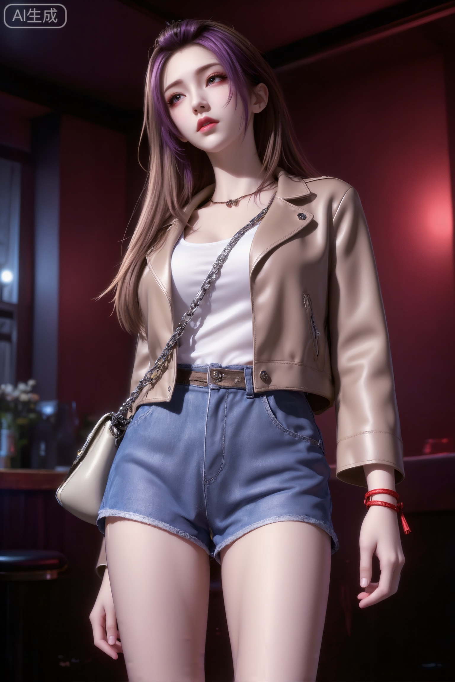 杰作级画质,顶级图像精度,超高清细节渲染,单人女性角色,（紫色亮丽的长发：1.4）,（比例优越的纤细长腿：1.3）,（肌肤白皙光滑的匀称美腿：1.4）,（挺拔饱满的D 罩杯曲线：1.4）,（精致立体的美颜五官：1.4）,美颜全开,光滑油亮的皮肤,水嫩的肌肤,一个女孩,紫色头发,田蜜,
低角度仰视特写,东亚年轻女性侧身立于酒吧街暗角。米色短款皮夹克敞开,内搭白色背心,牛仔短裤下双腿修长,链条包斜挎。棕色长发凌乱垂落,鬓边碎发轻贴脸颊。头微向左转,含情杏眼在昏暗中泛起朦胧眼神光,浅妆面容在伦勃朗光与灰蓝强侧光交织下轮廓深邃,锁骨线条清晰。手腕红线吊饰垂落,光影自然渐变,多源环境光造成面部光影深浅不一。背景墙边弥漫暗红微光,整体曝光明暗对比强烈,暗部保有细腻噪点,凸显清冷纯欲气质。画面略带动态模糊,以轮廓光勾勒身形,突出葫芦形曲线与氛围感。