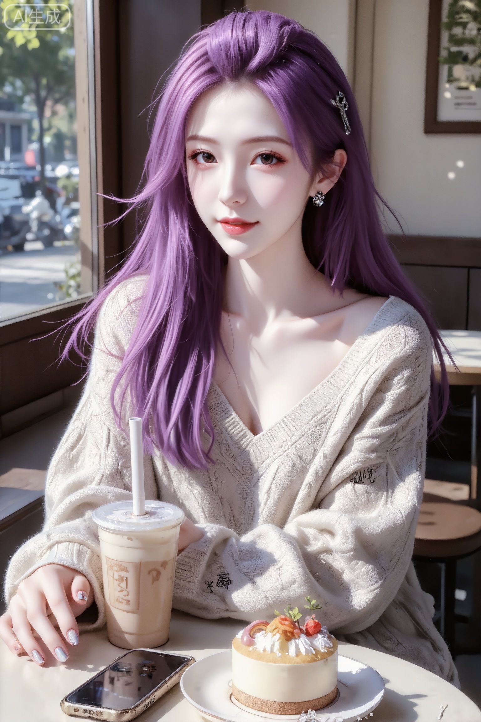 杰作级画质,顶级图像精度,超高清细节渲染,单人女性角色,（紫色亮丽的长发：1.4）,（比例优越的纤细长腿：1.3）,（肌肤白皙光滑的匀称美腿：1.4）,（挺拔饱满的D 罩杯曲线：1.4）,（精致立体的美颜五官：1.4）,美颜全开,光滑油亮的皮肤,水嫩的肌肤,一个女孩,紫色头发,田蜜,
高清画质,真人摄像,专业拍摄。她坐在店内,桌上放着奶茶和一块精致慕斯蛋糕一个手机一个包,姿态自然；女生身穿v宽松大牌编织毛衣,佩戴耳钉,做了裸色美甲；这是一家有透明咖啡店,整体氛围清新日常,充满城市街头的生活感。运用伦勃朗光,极致清晰,明暗对比度高,侧方树叶斑驳阳光光影落在身上,脸部光影稍弱一点,电影质感。（电影级面光：1.6）,（光线追踪：1.5）,（冷白皮漫感质感的光滑皮肤：1.7）,（人物有最好的骨相：1.2）,（网感脸：1.6）,（网感妆：1.6）身材完美,莫兰迪配色,高颜值网红,INS风,幼态脸,19岁女生尖下巴,三庭五眼比例均衡,身材娇小,细腻陶瓷水嫩肌肤,偏冷白皮,随机的妆容,随机的饰品,随机的动作,侧光,发丝轻飘,凌乱,随机角度拍摄,总体有很多的不确定性,但又好看,
风格甜美少女系,氛围慵懒俏皮,东方美女,发丝呈现出自然的蓬松感与垂坠感,长发散落于肩头两侧,几缕发丝拂面,冷白皮气质美女,纯欲风,皮肤白皙,偶像气质,fairskin,气质的江南美女子,有点甜美,皮肤美白透亮,表情可爱,甜美氛围,细腻笔触,独特韵味的美,可爱表情